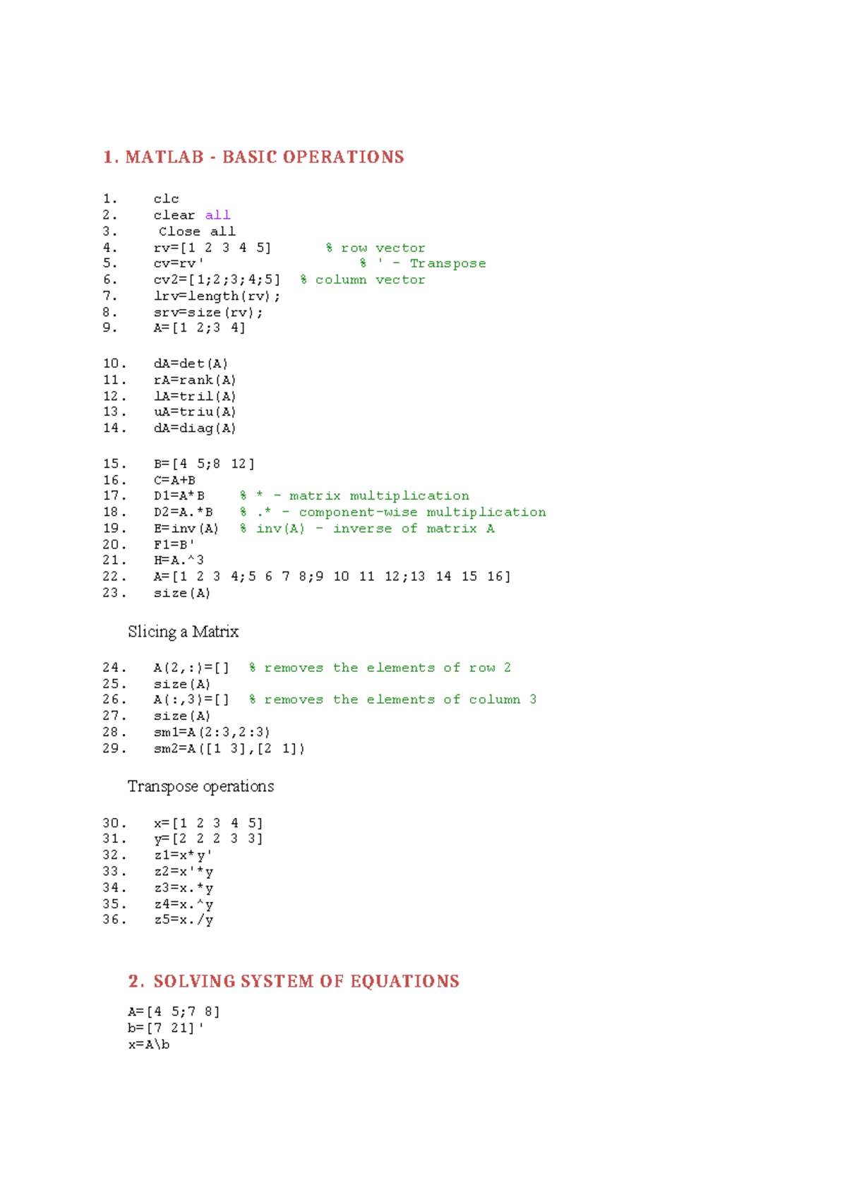 Basics of Matlab - Notes - MATLAB - BASIC OPERATIONS clc clear all ...