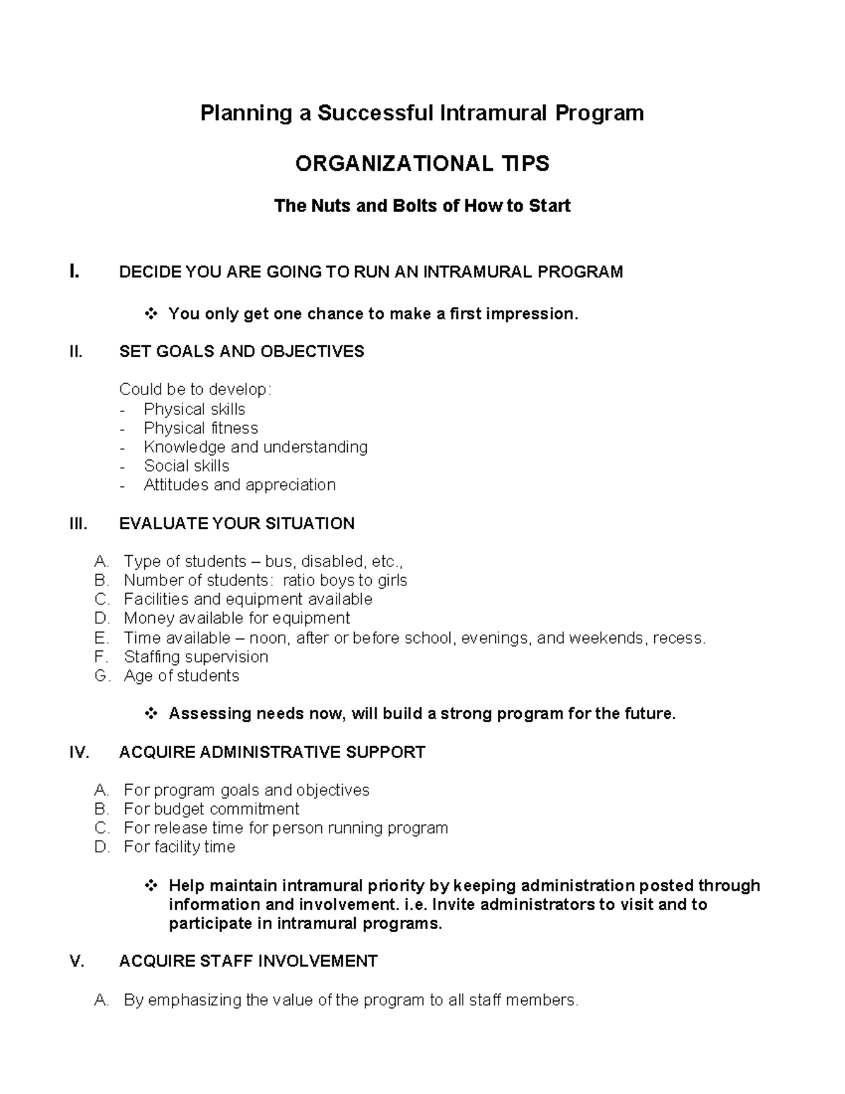 Organizational tips - Planning a Successful Intramural Program ...