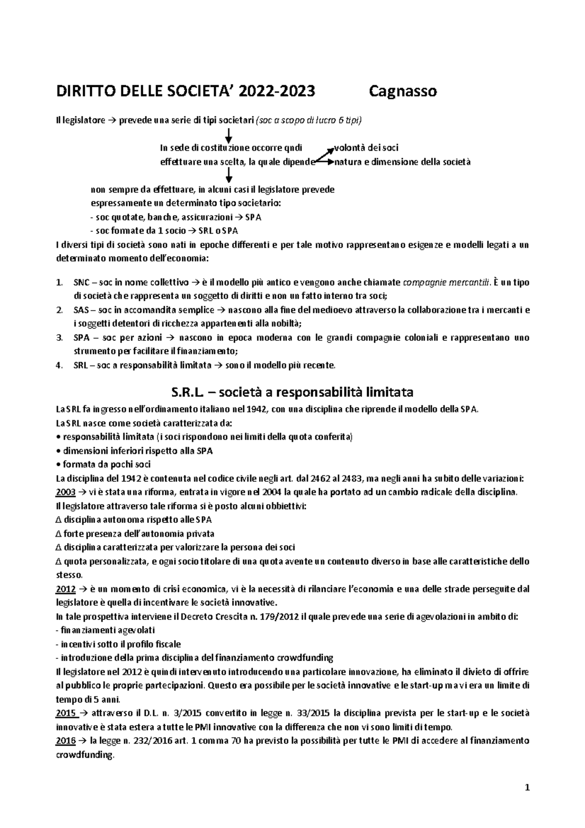 Diritto DELLE SOCIETA' - DIRITTO DELLE SOCIETA’ 2022-2023 Cagnasso Il ...