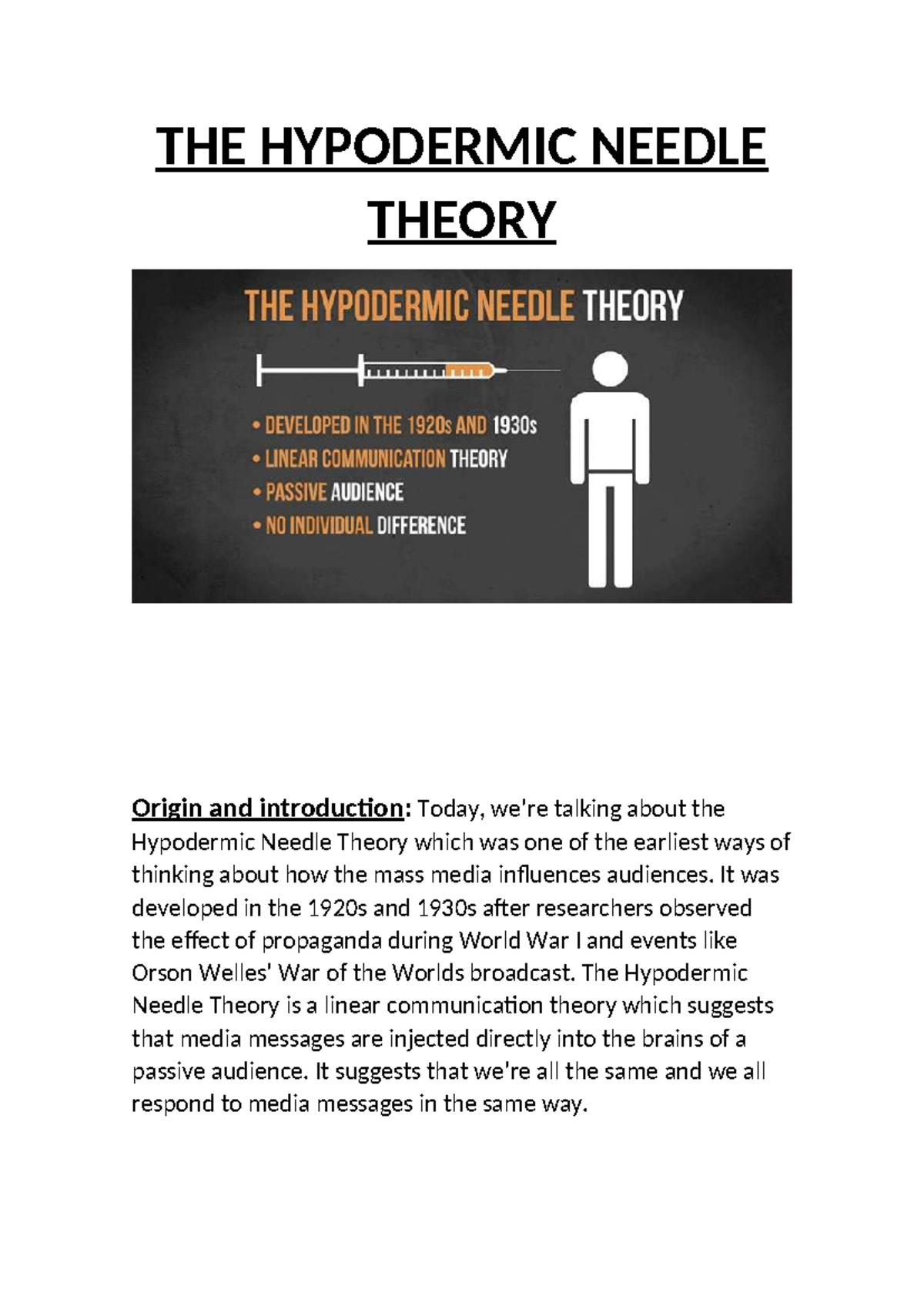 THE Hypodermic Needle Theory FOR THE Exposition ORAL OF English THE HYPODERMIC NEEDLE THEORY