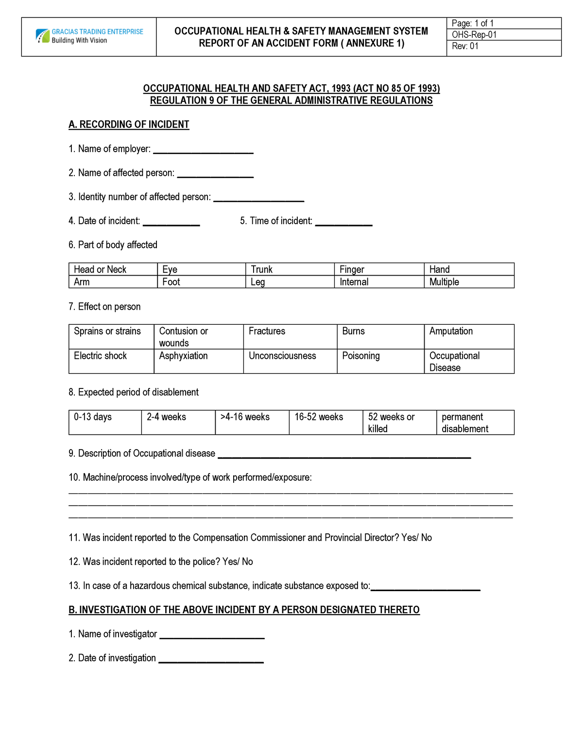 Annexure 1 - Template for Reporting of Accidents in the Workplace ...