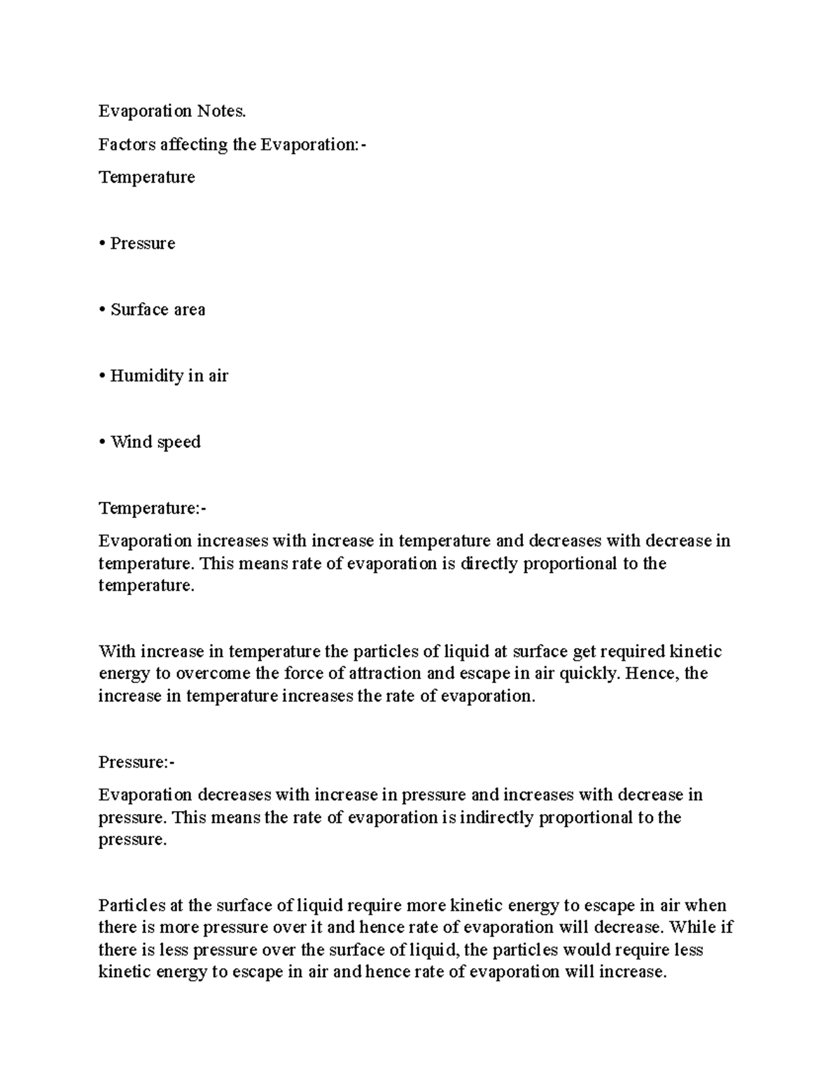 Evaporation Notes Factors affecting the Evaporation Temperature