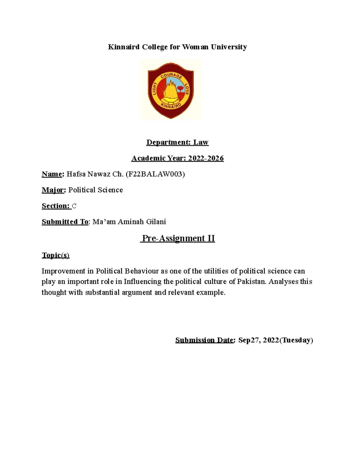 HAfsa politica assignment Kinnaird College for Woman University