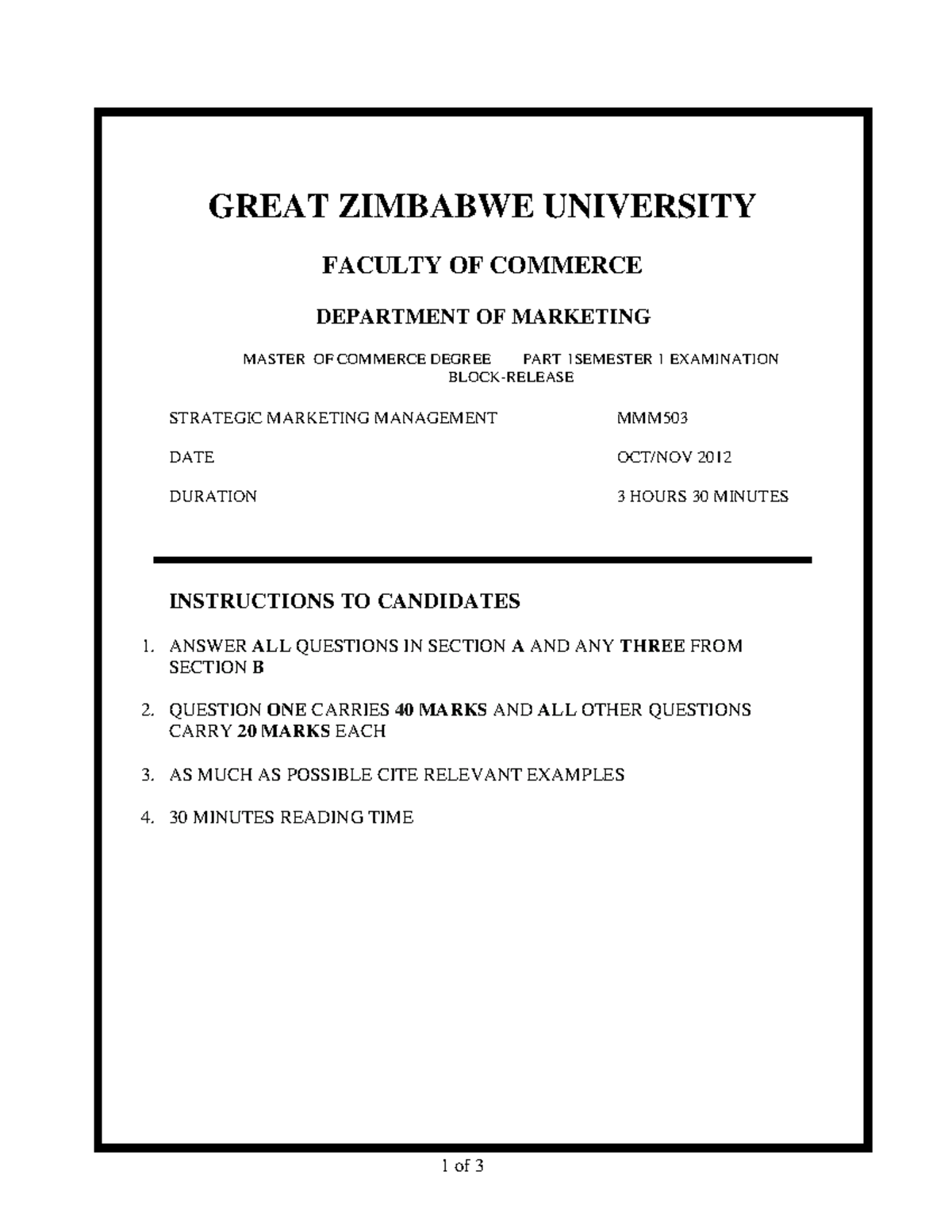 Exam 2012 1 of 3 GREAT ZIMBABWE UNIVERSITY FACULTY OF COMMERCE