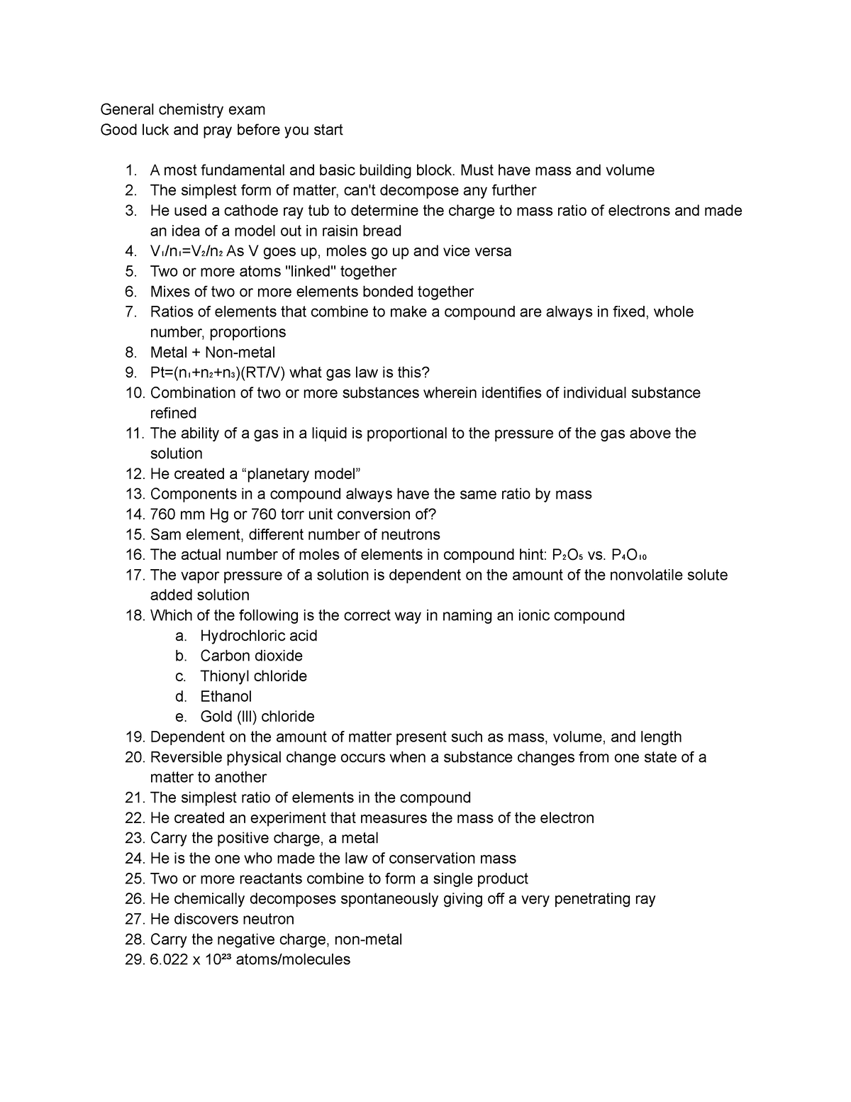 General chemistry exam practice - General chemistry exam Good luck and ...