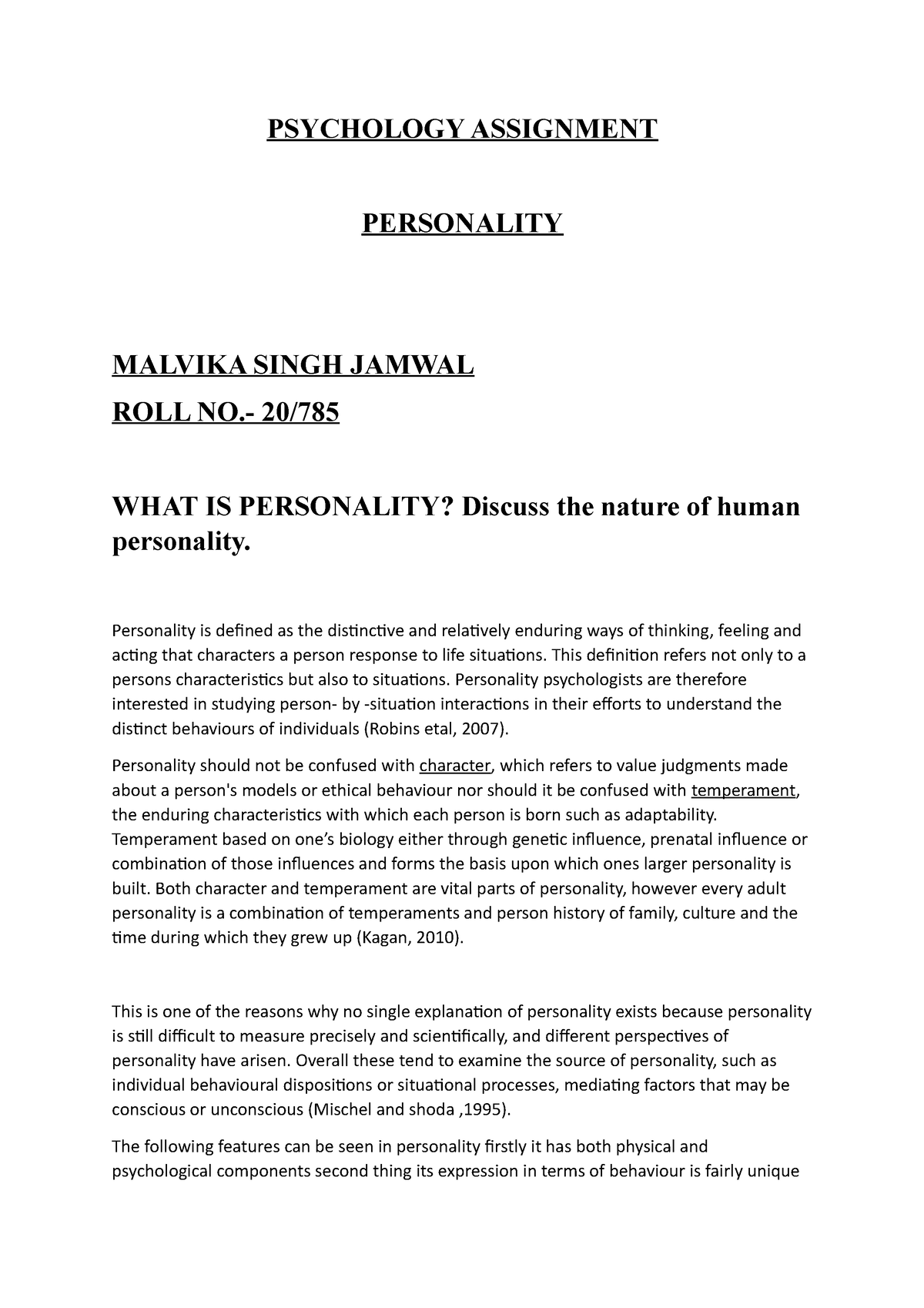 psychology assignment personality