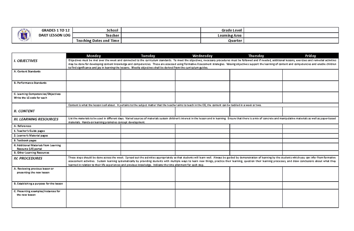 DLL Template Grades 1 TO 12 - GRADES 1 TO 12 DAILY LESSON LOG School ...