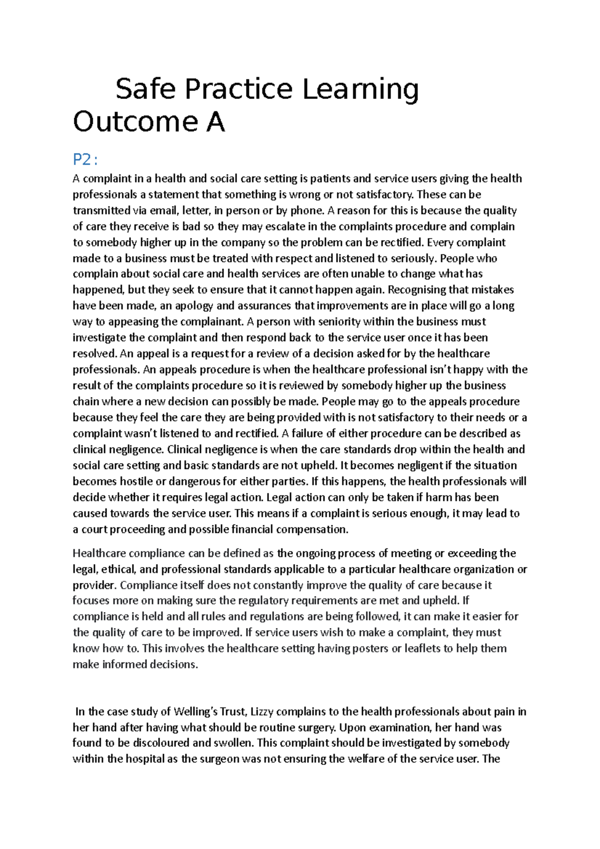 Safe Practice Learning Outcome A - Safe Practice Learning Outcome A P2 ...