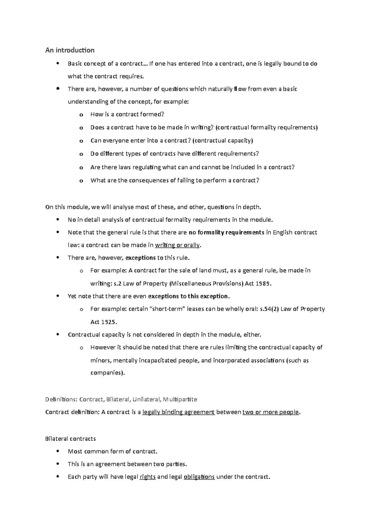 Contract lectures notes - An introduction Basic concept of a contract ...