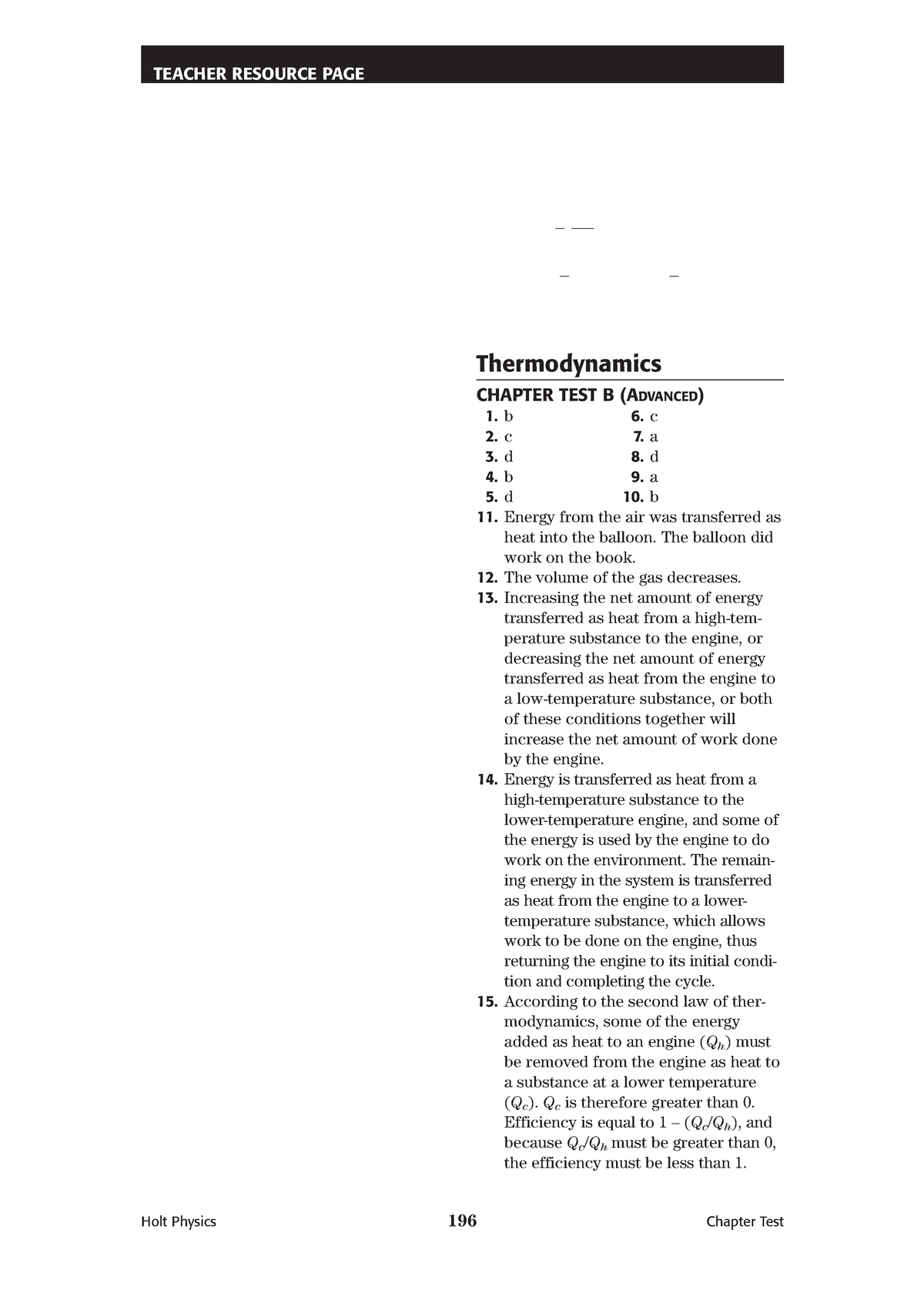 Thermodynamics Test B Answers - Thermodynamics CHAPTER TEST B (ADVANCED ...