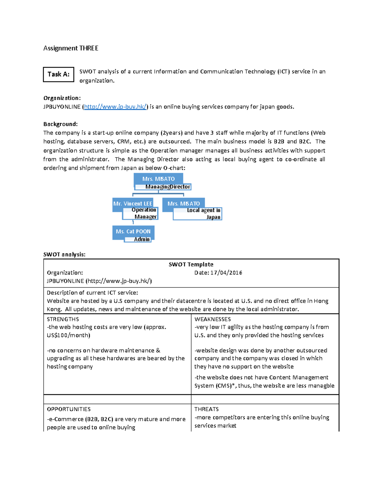 A 3 - Assignment 3 - Assignment THREE SWOT analysis of a current ...