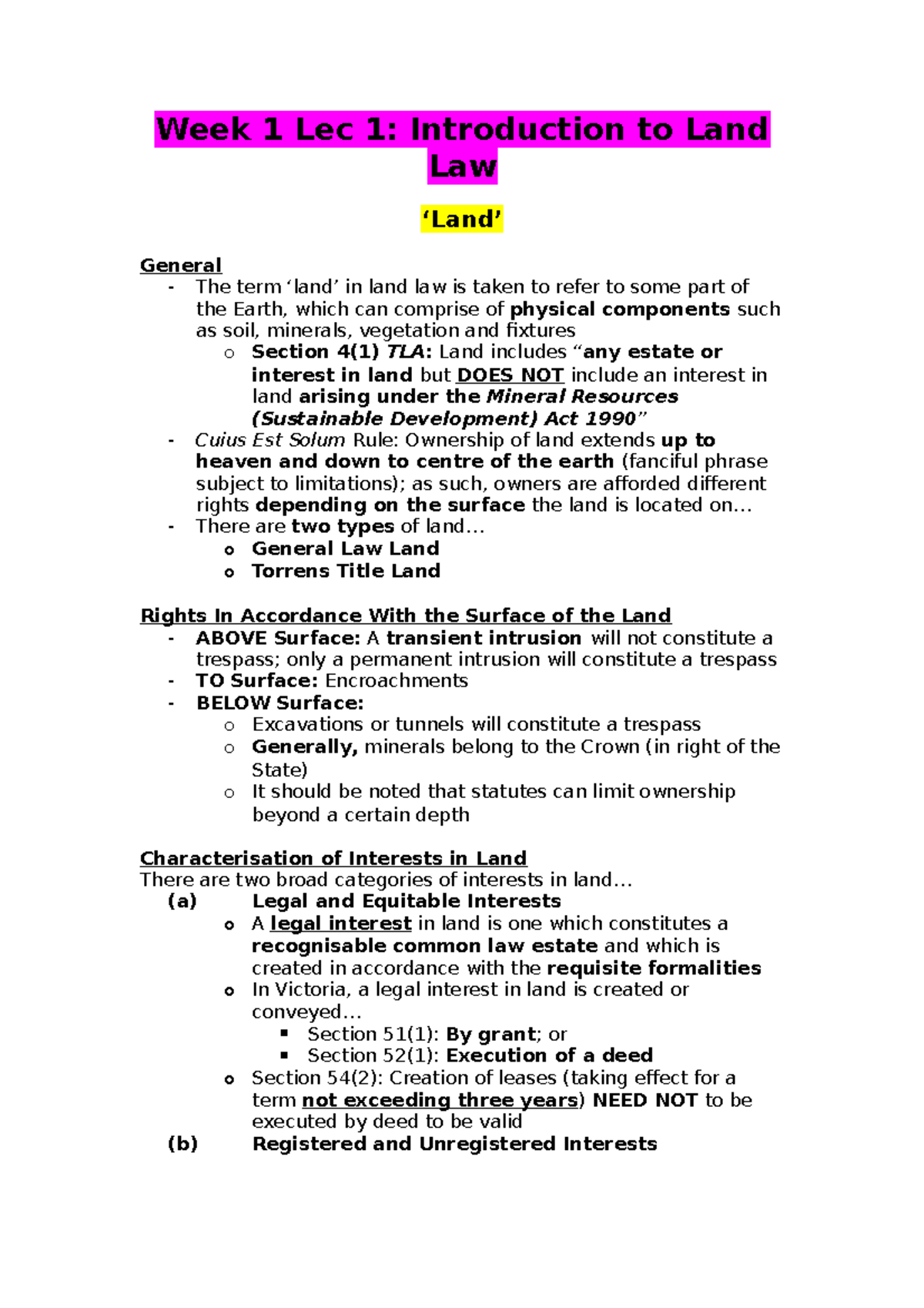 EntireCourseLandLaw Week 1 Lec 1 Introduction to Land Law ‘Land