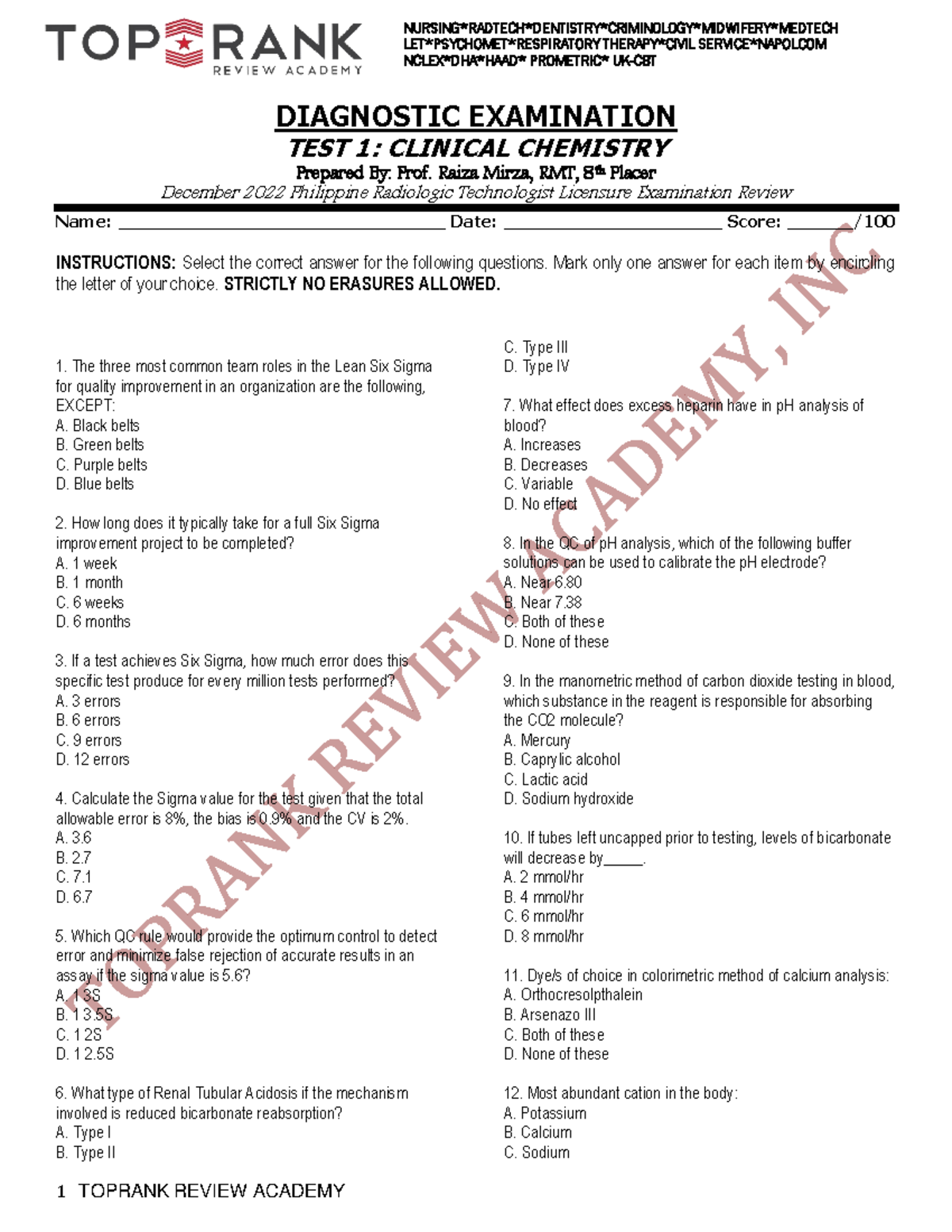 ST DIAG EXAM TEST 1-1 - MT lecture notes - 1 TOPRANK REVIEW ACADEMY ...
