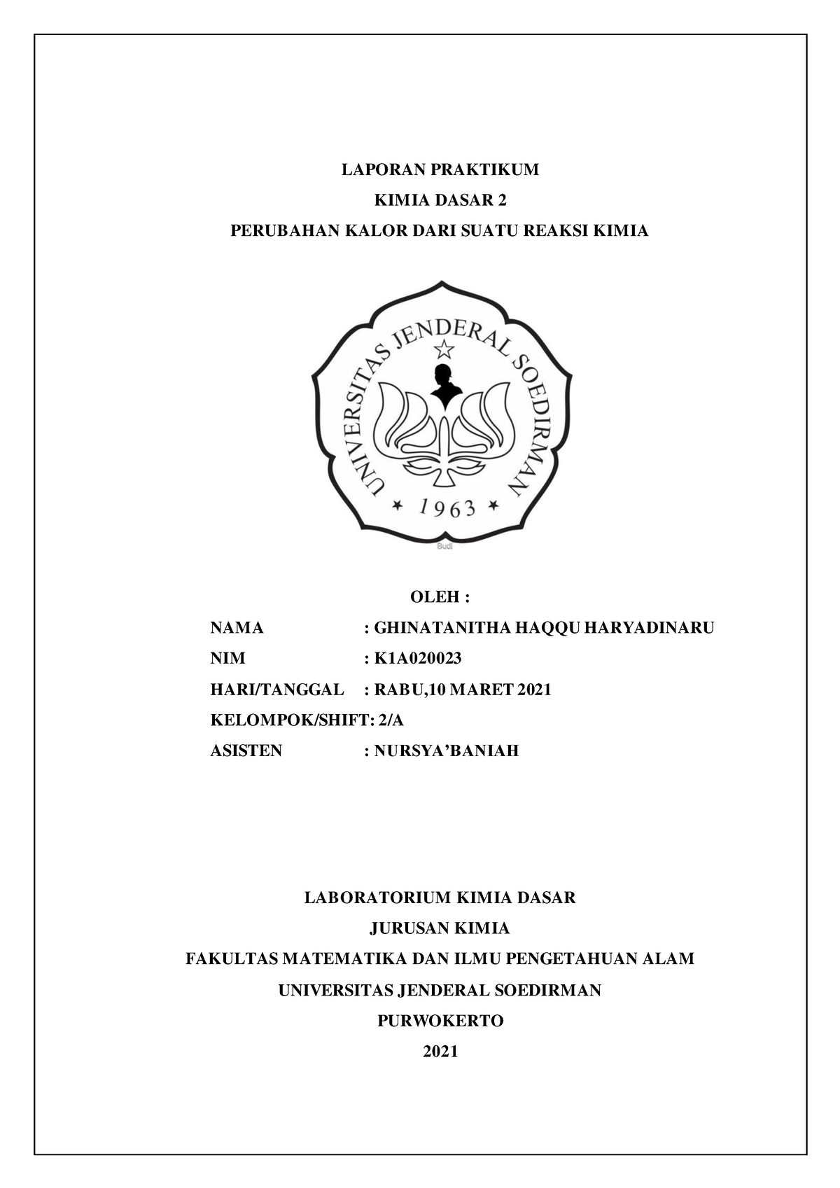 Laporan Percobaan 1 Kimdas 2 - LAPORAN PRAKTIKUM KIMIA DASAR 2 ...