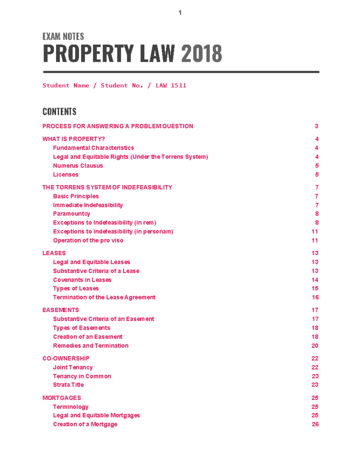 Nature and sources of property - EXAM NOTES PROPERTY LAW Student Name ...
