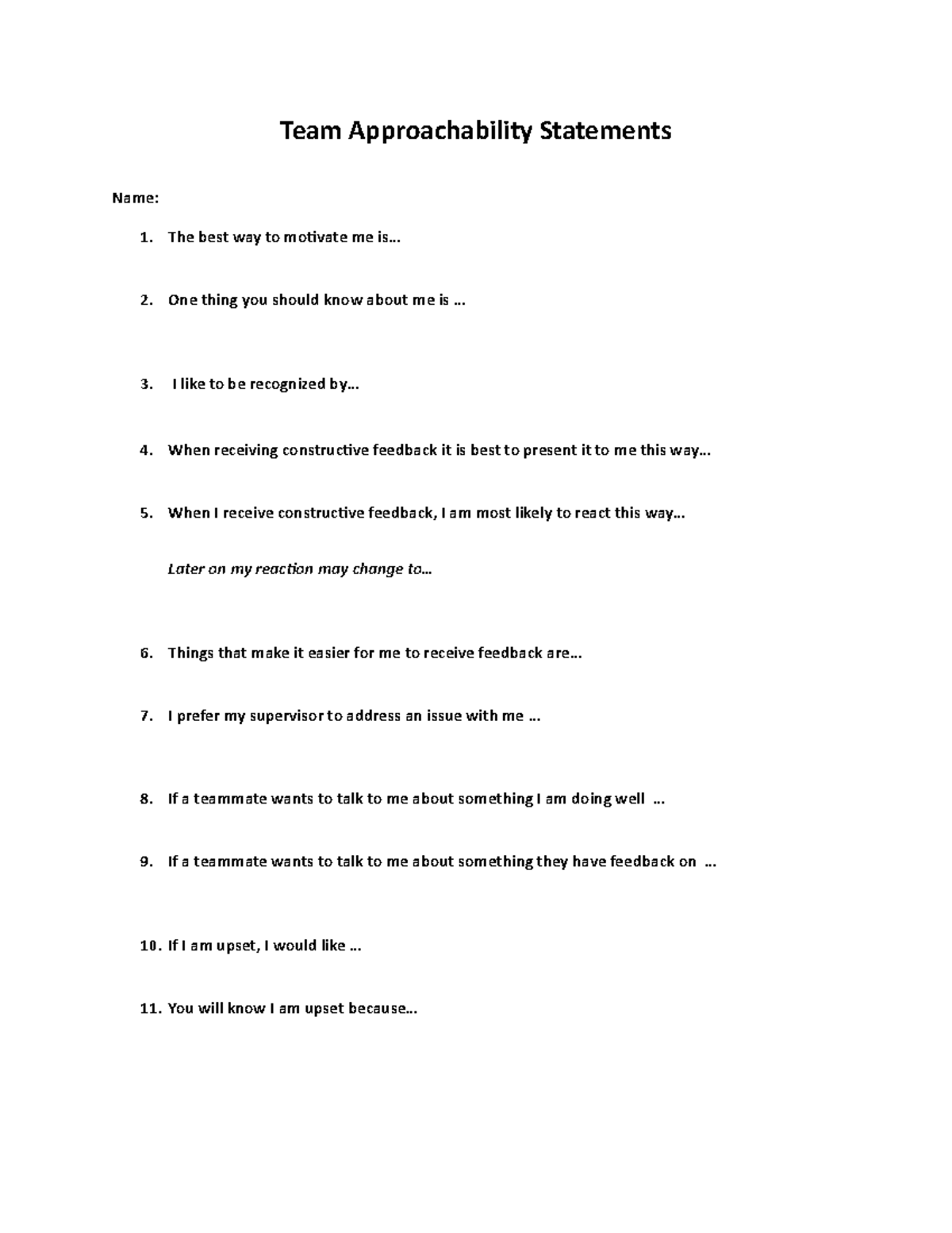 Team Approachability Statements - Team Approachability Statements Name ...