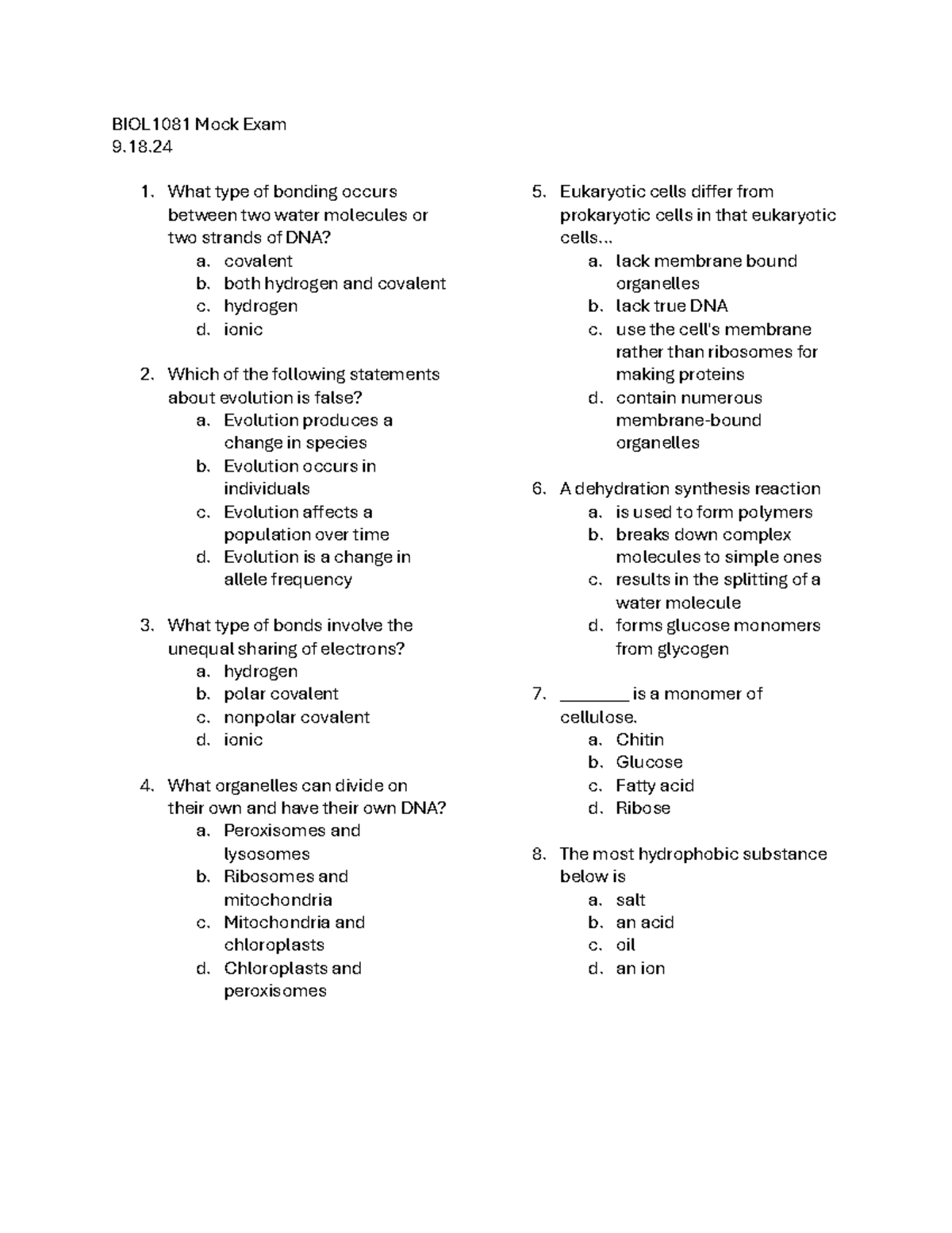 BIOL1081+Worksheet+9 - BIOL 1081 Mock Exam 9. 1. What type of bonding ...
