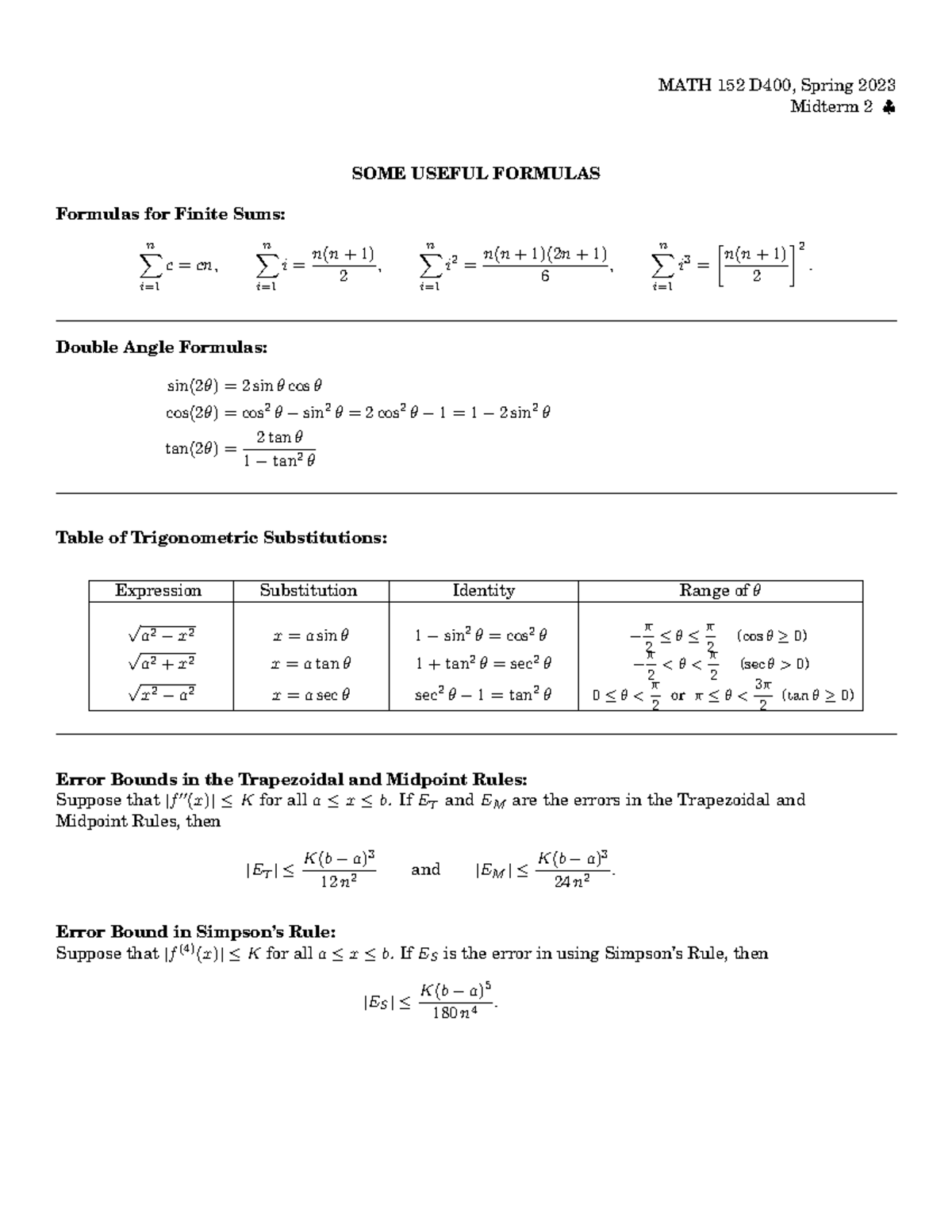 Formula sheet for 152-D400-MT2 - MATH 152 D400, Spring 2023 Midterm 2 ...