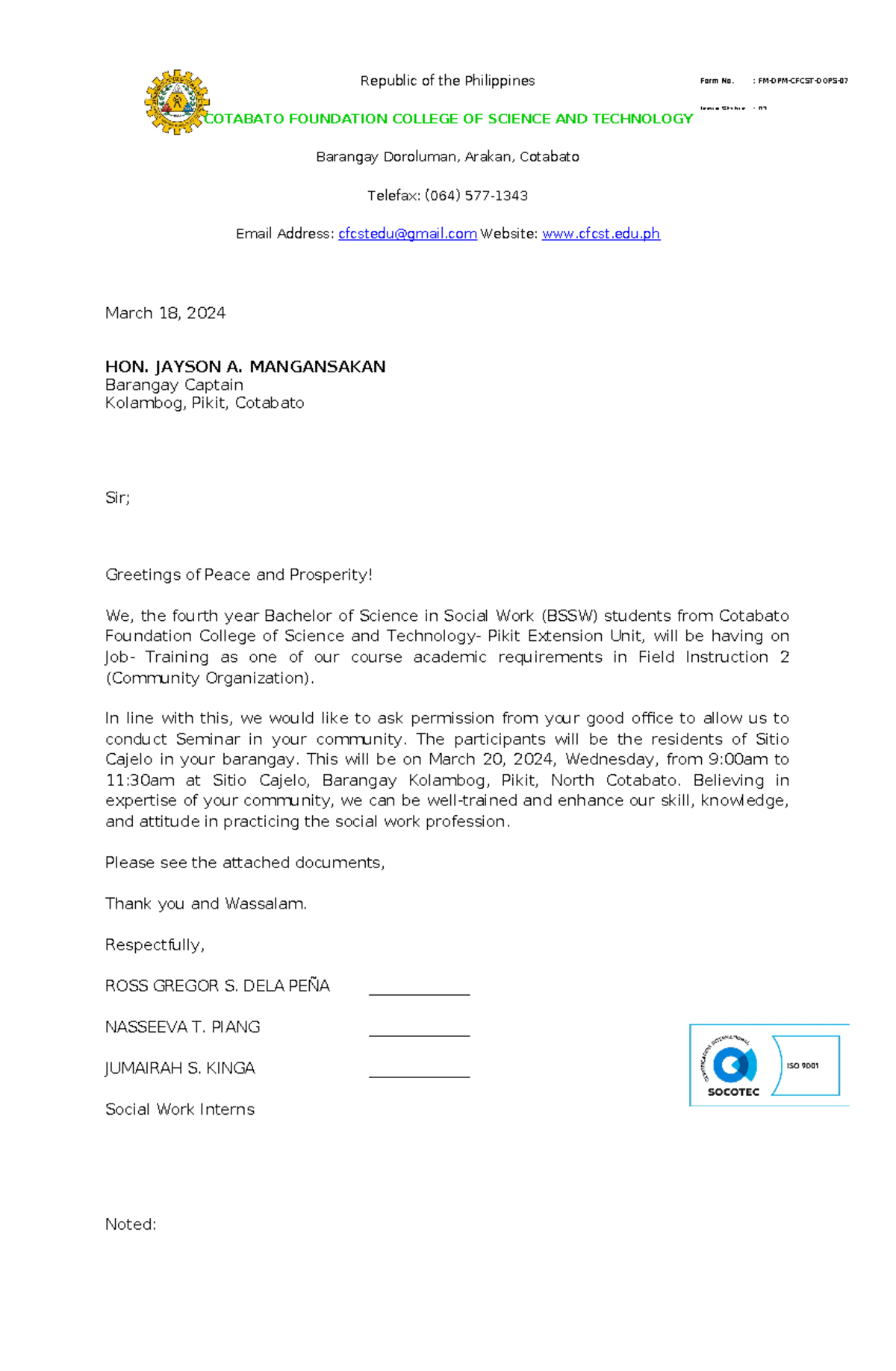 C.O Letter FOR Barangay Captain Seminar - Form No. : FM-DPM-CFCST-DOPS ...