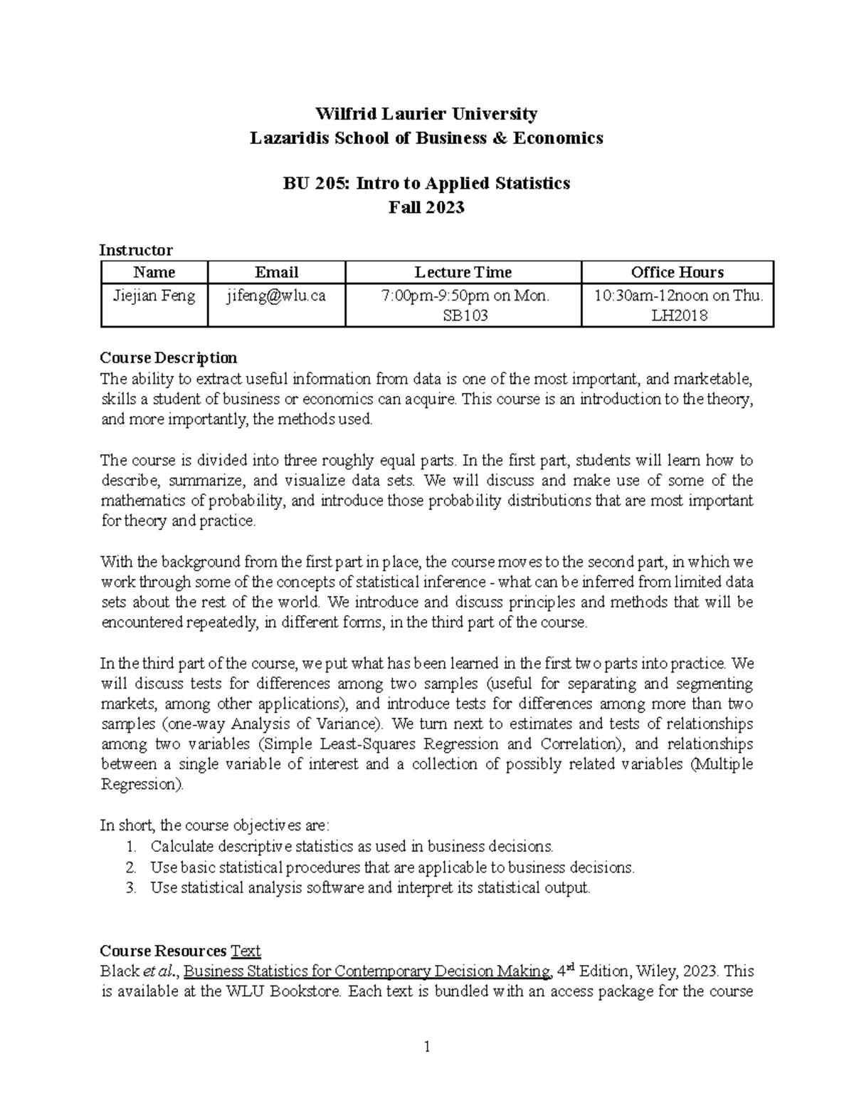 BU205 Outline - Wilfrid Laurier University Lazaridis School of Business ...
