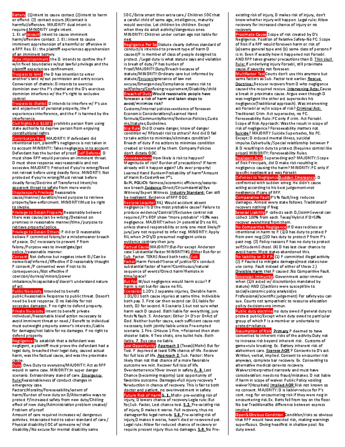 Torts Cheat Sheet Battery (1)intent to cause contact.(2)intent to