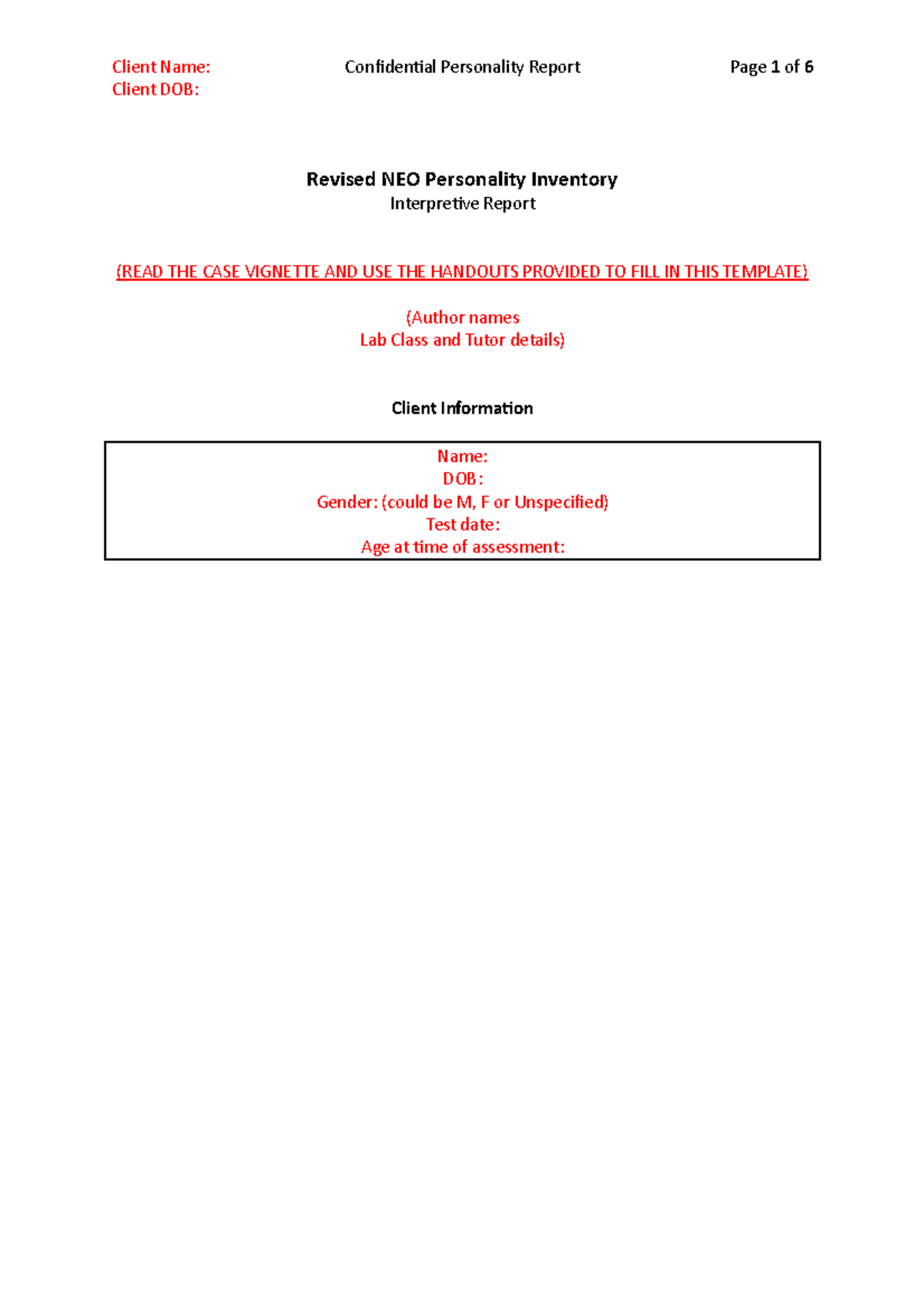 personality exercise (group assignment) template for students - Client ...