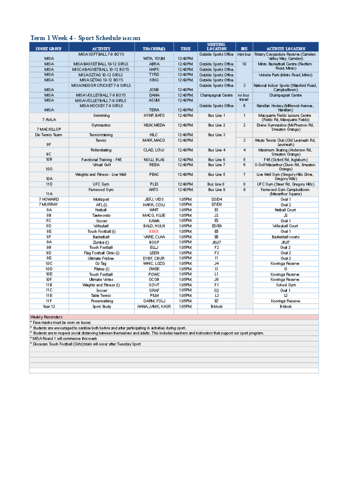 Term 1 Sport Schedule - T1, W4 - Term 1 Week 4 - Sport Schedule 16 ...