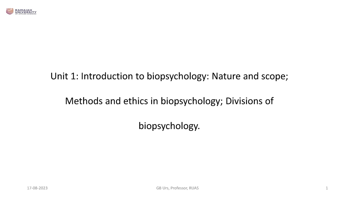 Unit 1 Bio Psy F - Unit 1: Introduction To Biopsychology: Nature And ...