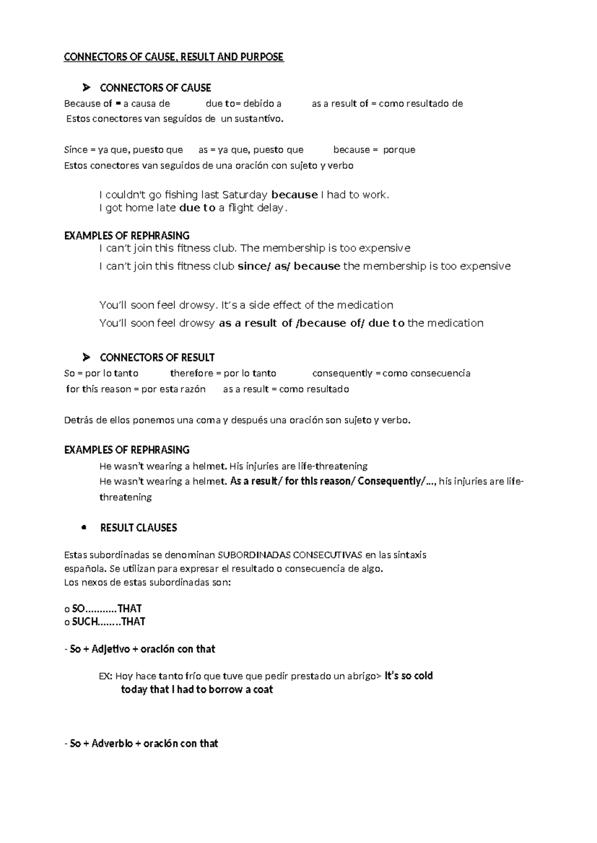 Connectors theory cause result and purpose CONNECTORS OF CAUSE