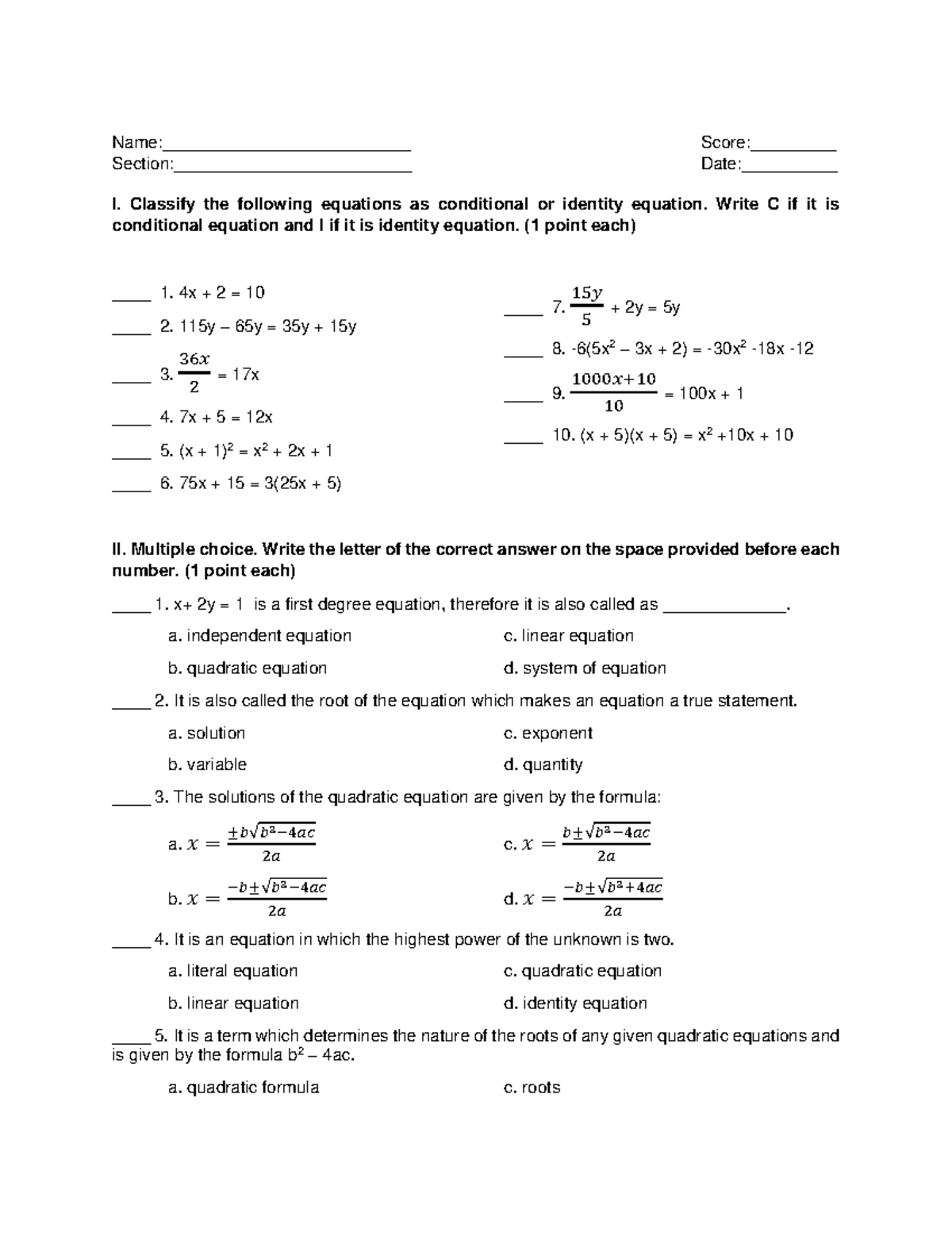 Practice Exercises in Advanced Algebra with Key to Corrections - Name