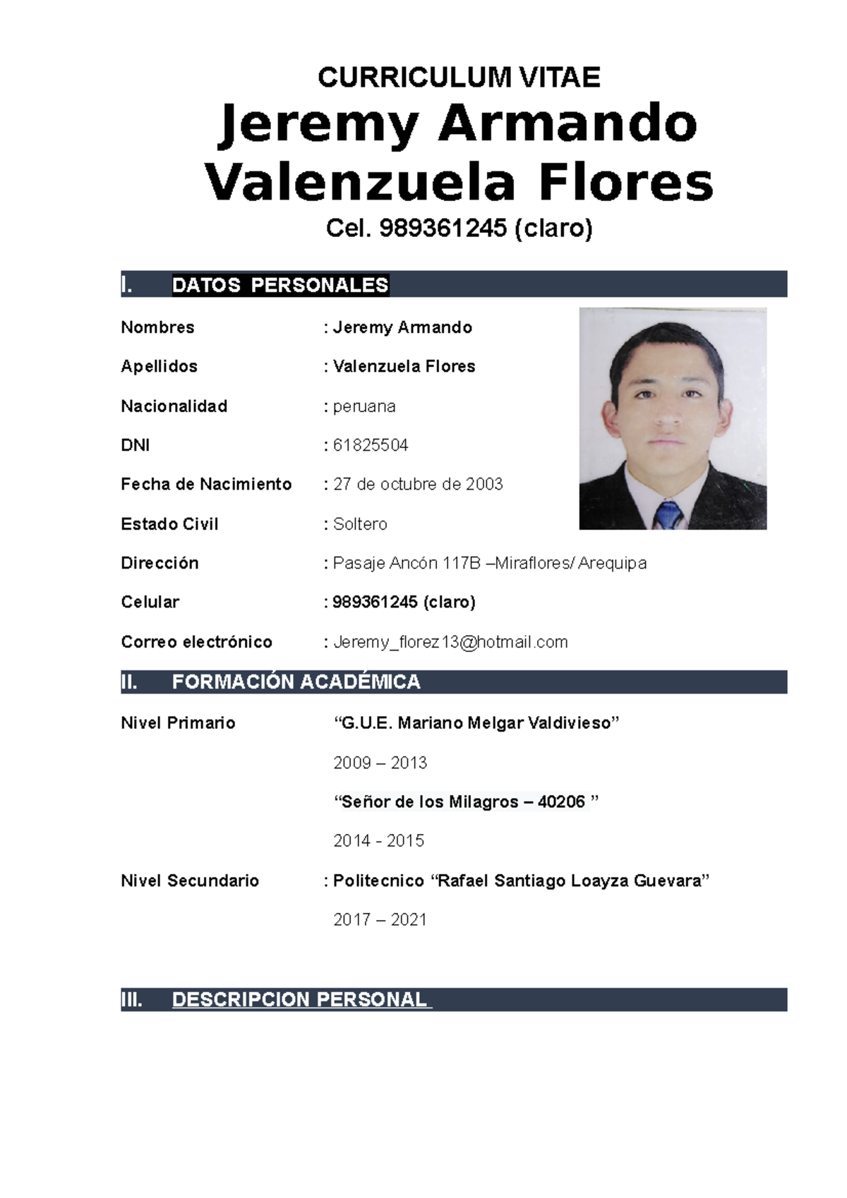 CV Armando Valenzuela CURRICULUM VITAE Jeremy Armando Valenzuela