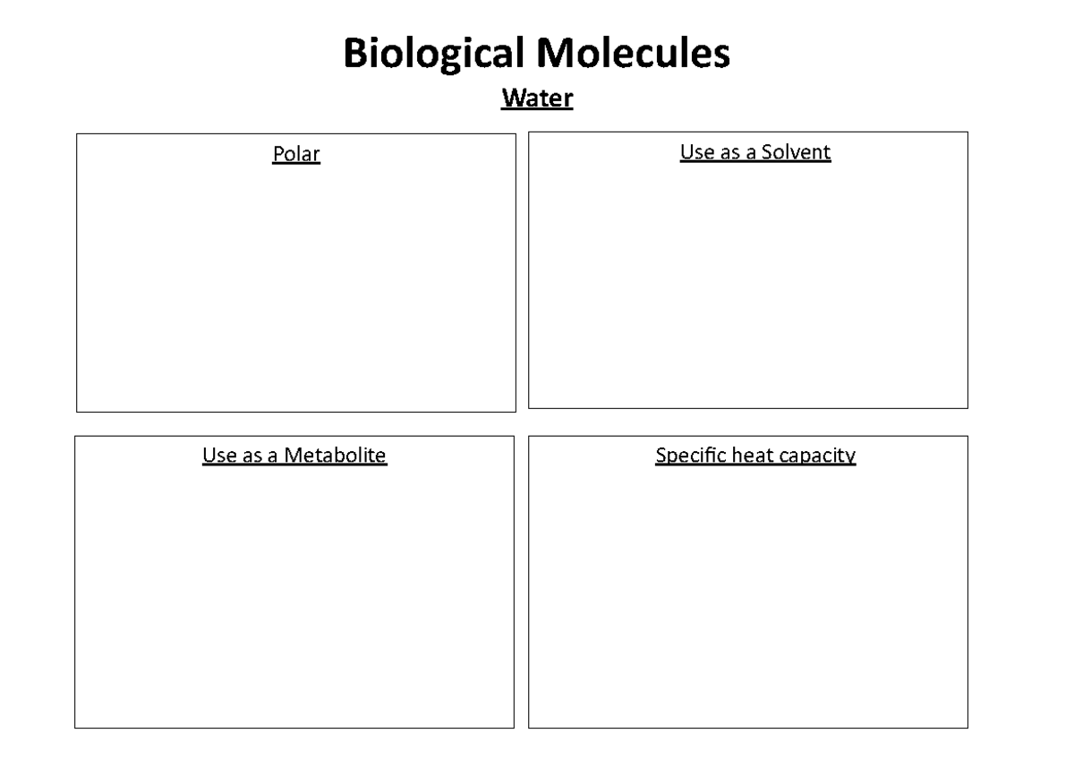 Biological molecules revision mat - Polar Use as a Solvent Water Use as ...