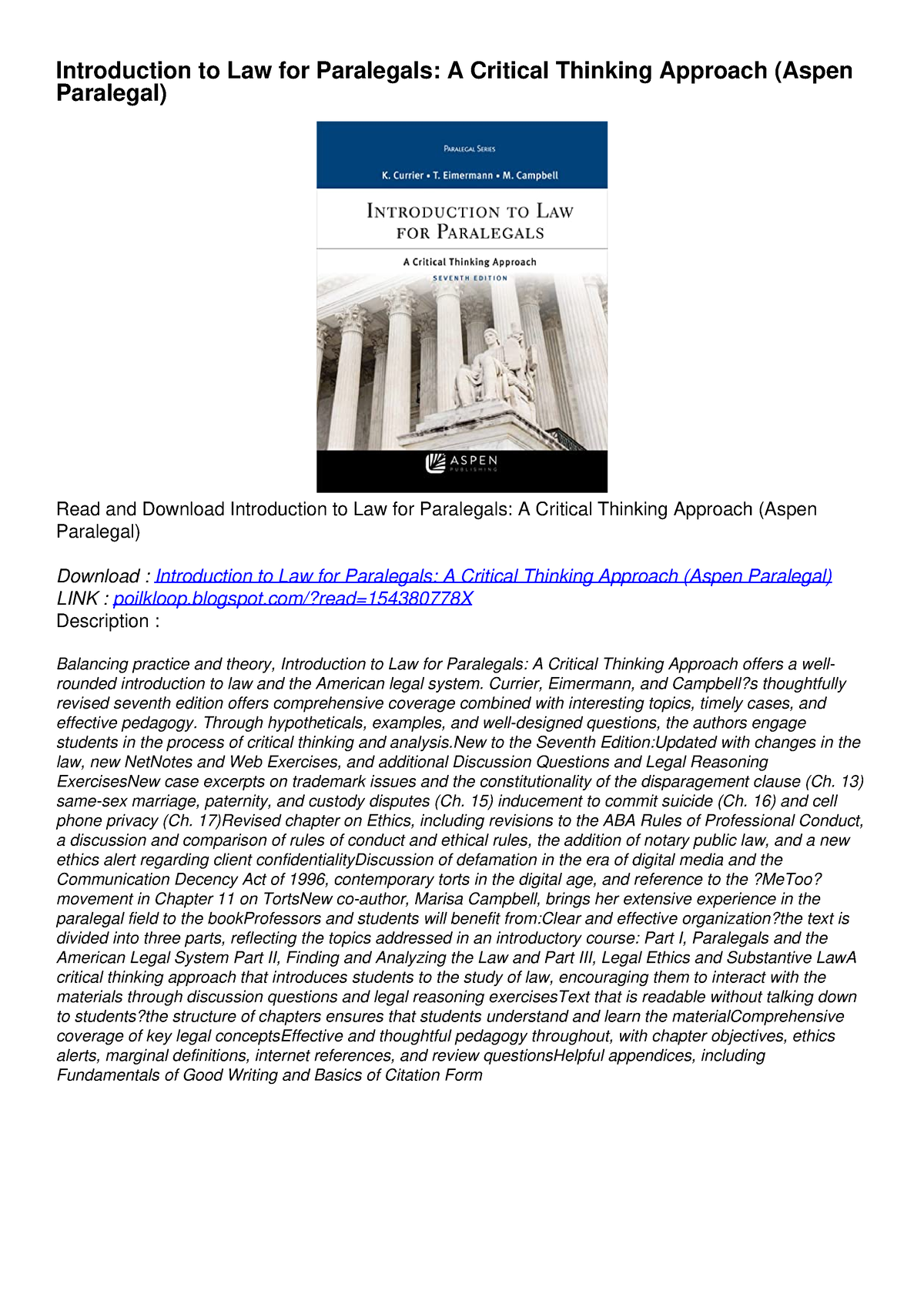 introduction to law for paralegals a critical thinking approach pdf