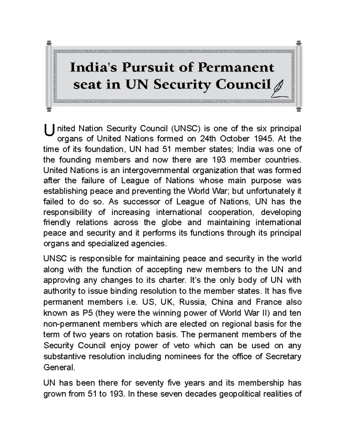 Essay Indian's persuit of permanent seat in UN security council U