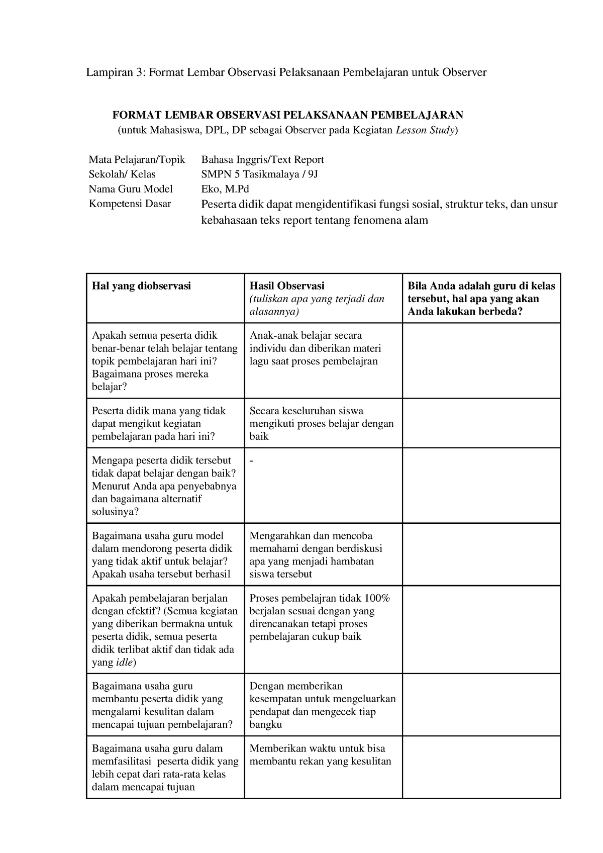 Lampiran Format Lembar Observasi Pelaksanaan Pembelajaran Untuk Observer Studocu