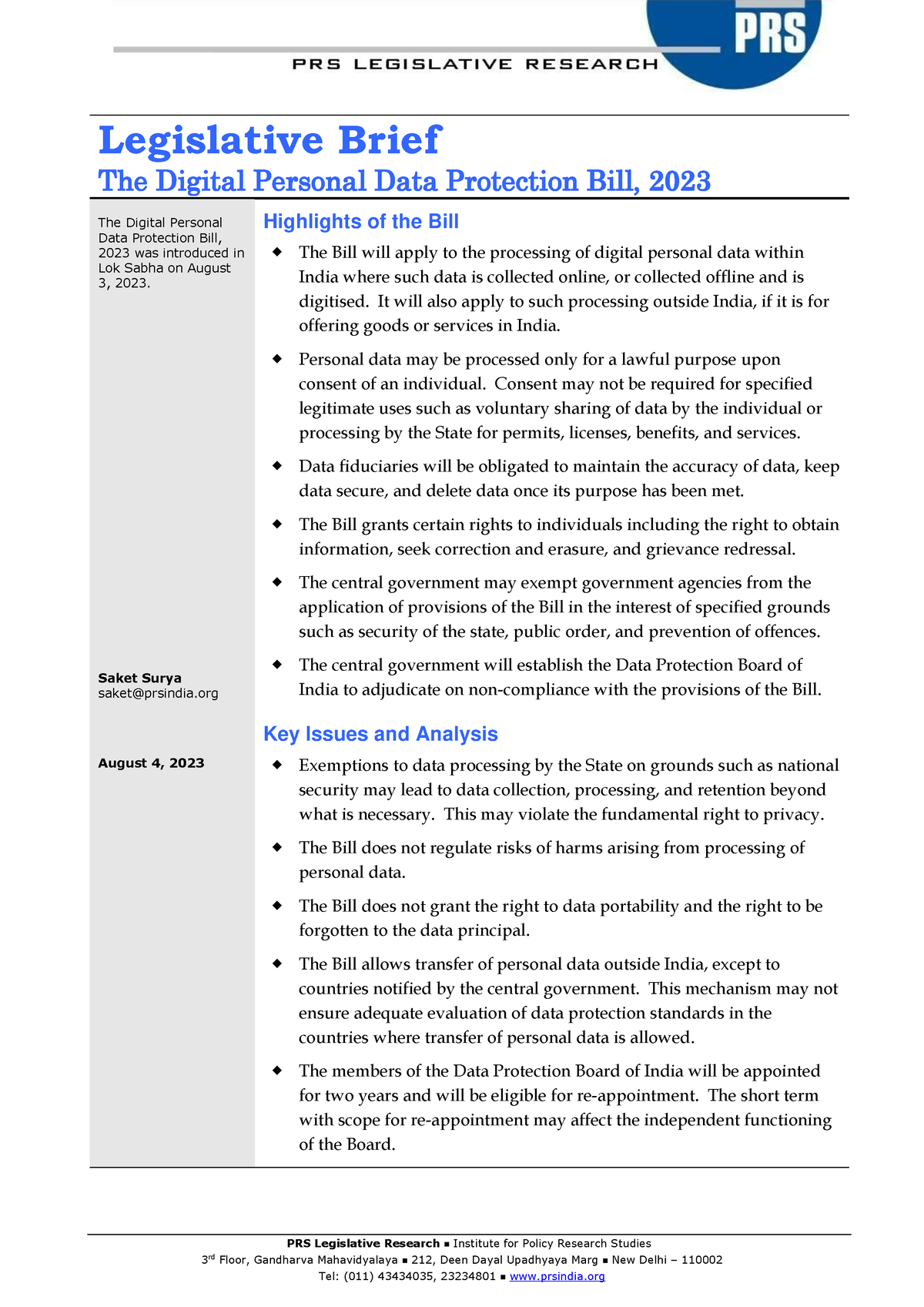 The Digital Personal Data Bill 2023 PRS Brief 1692570401 - PRS ...