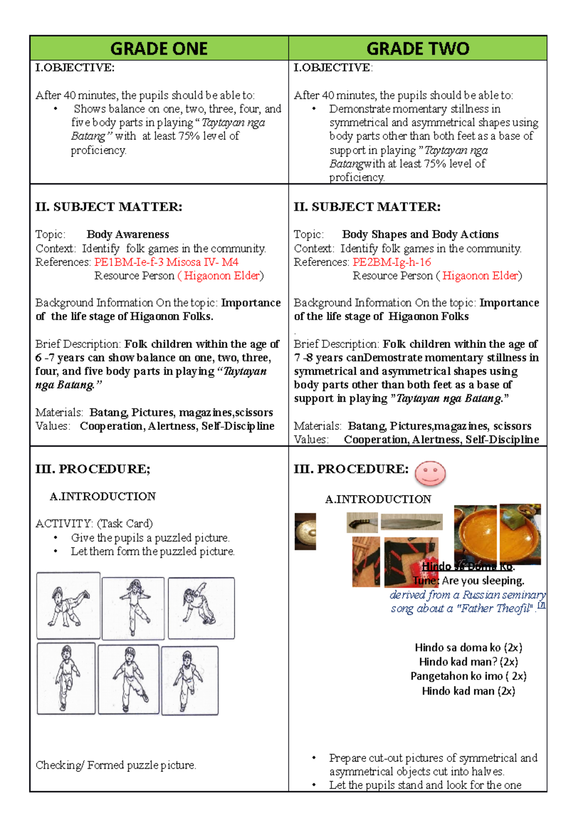 Multigrade Lesson Plans FOR Grades I AND - GRADE ONE GRADE TWO I: After ...