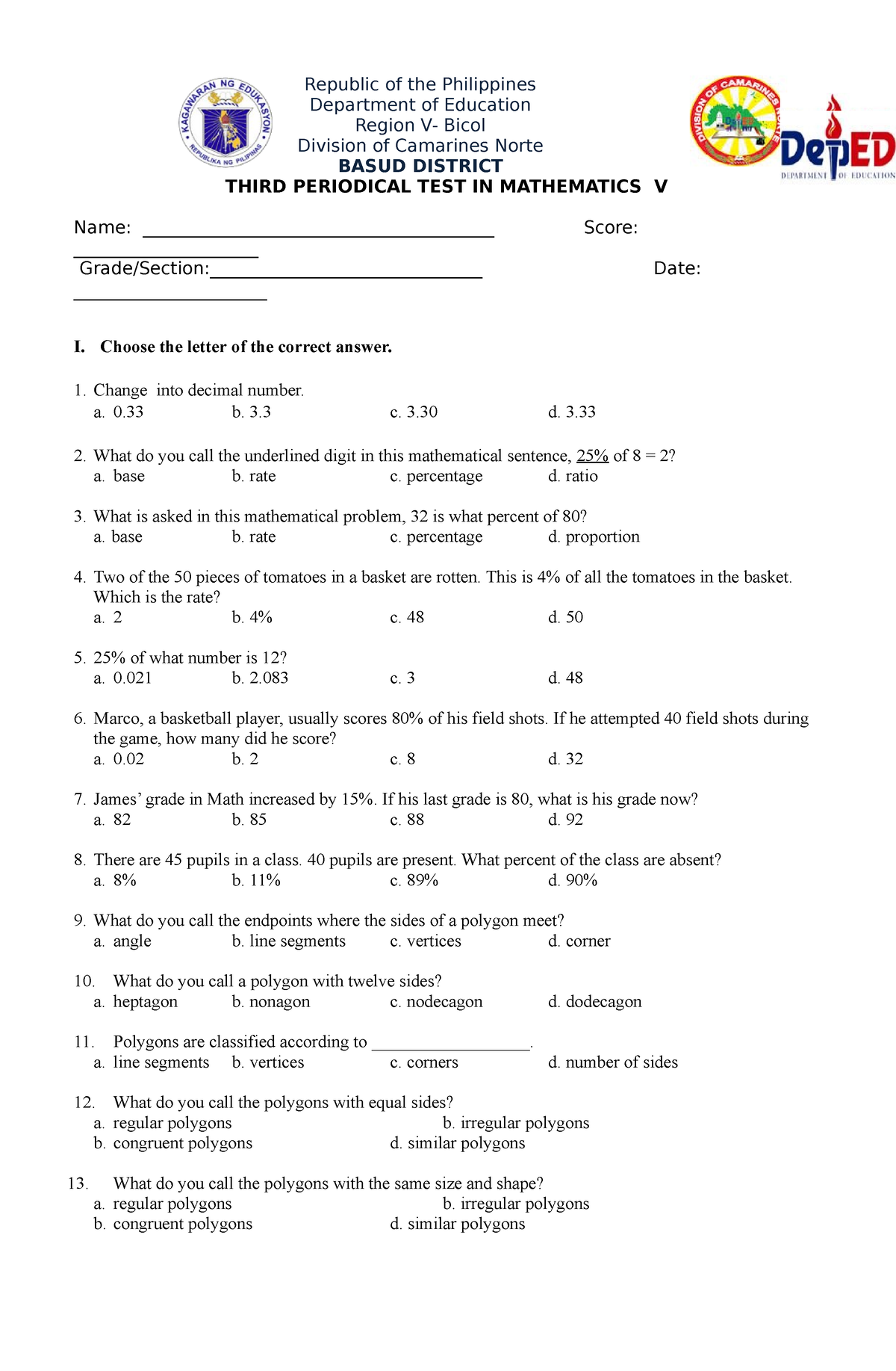 Compiled 3RD Periodical TEST (Mam Inkay Peralta) - BS Education - Studocu