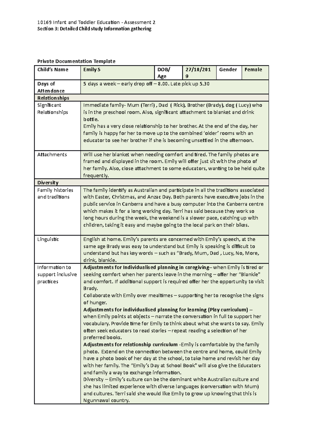 Section 3 Child Study Private Documentation Example - Section 3 ...