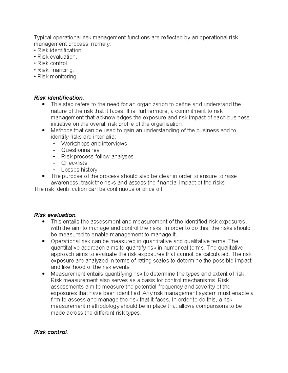 Typical operational risk management functions - Risk evaluation. Risk ...