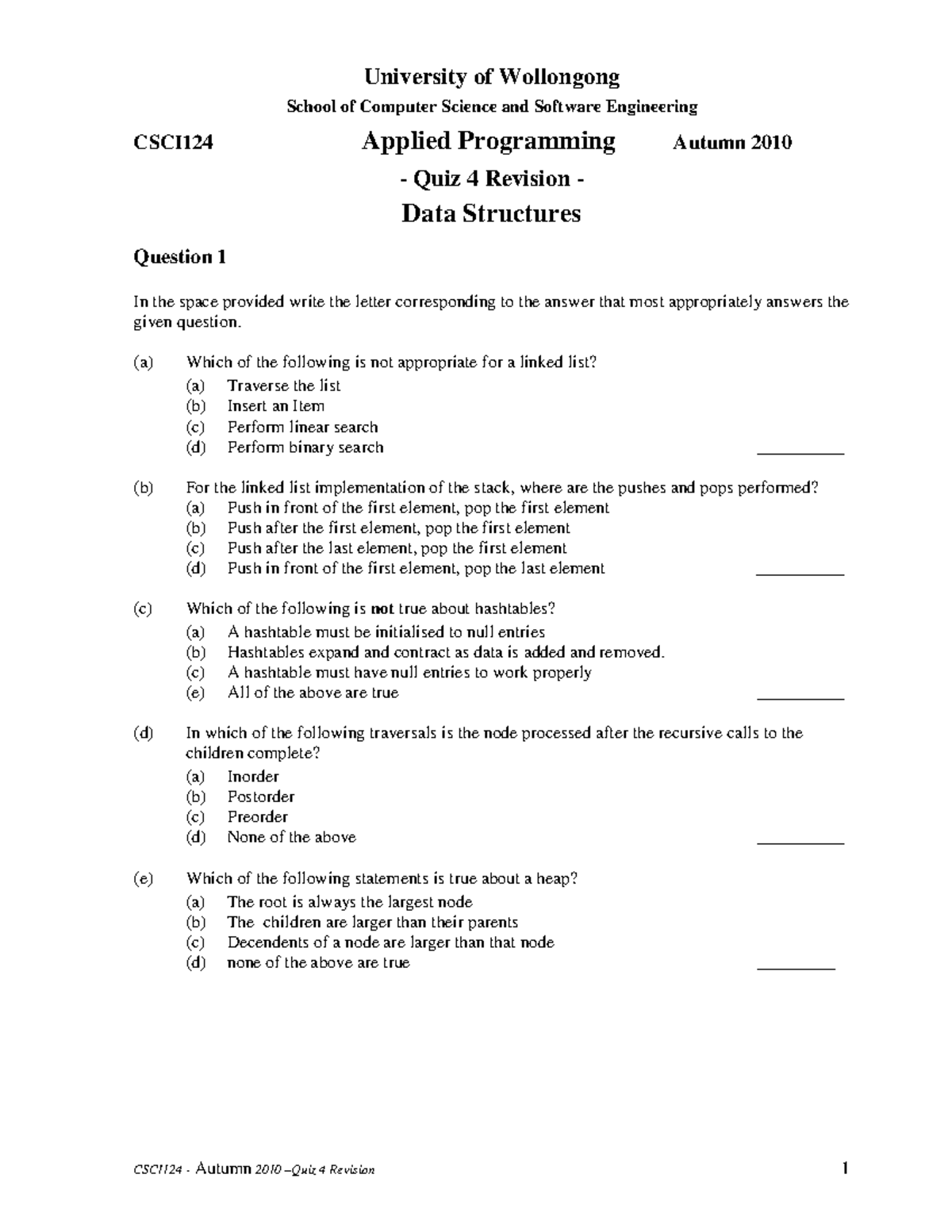 Sample/practice exam 2011, questions - University of Wollongong School ...