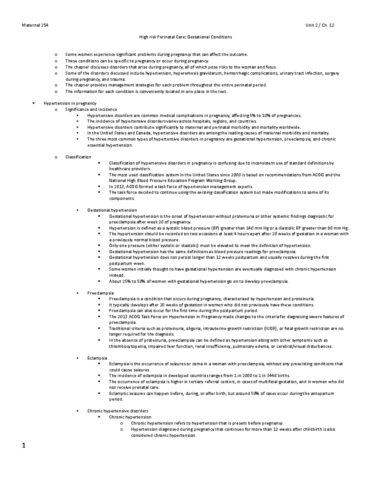 Maternal 254 ch 12 - Maternal 254 Unit 2 / Ch. 12 High risk Perinatal ...