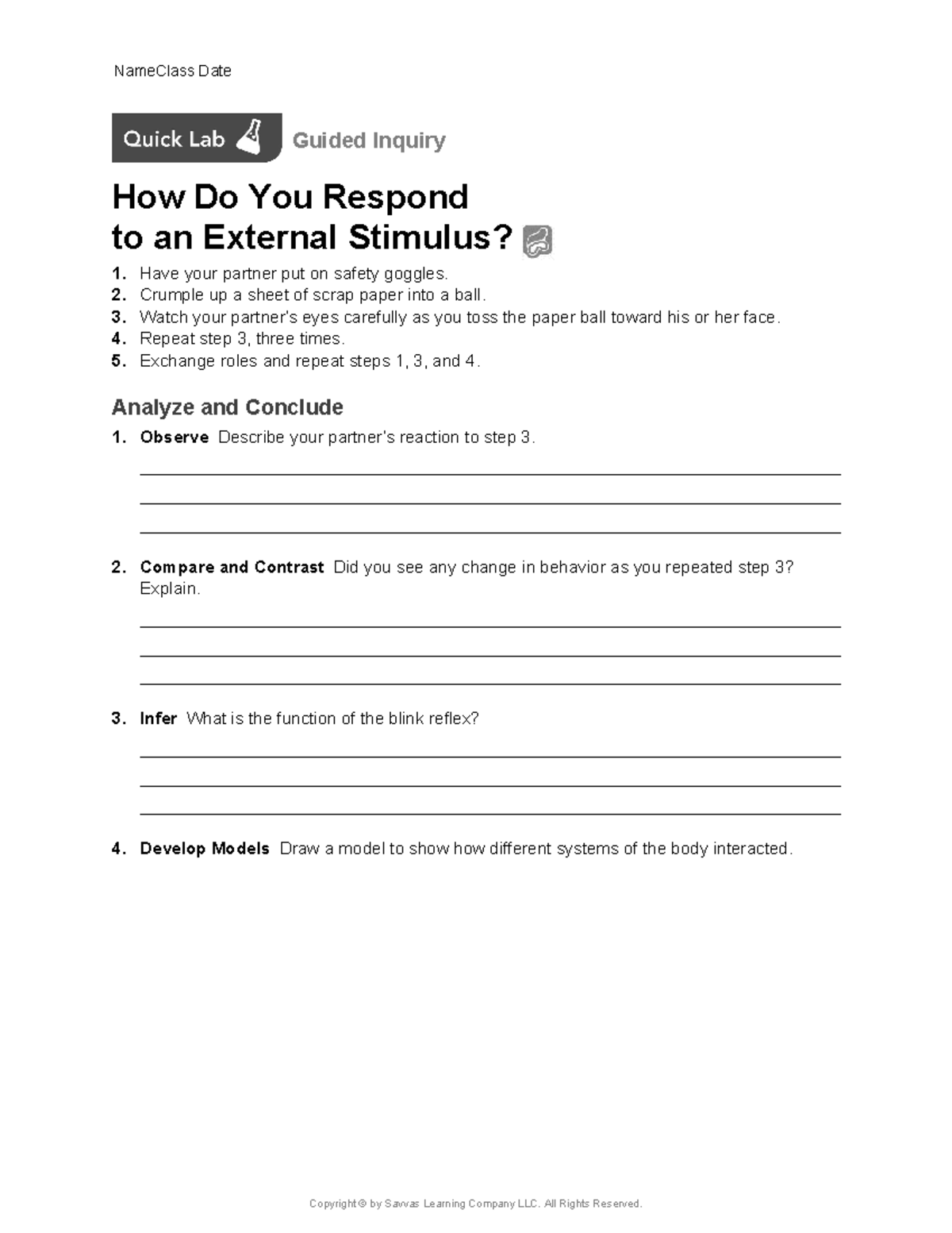 BIO CH27 Quick Lab Guided Inquiry How Do You Respond to an External