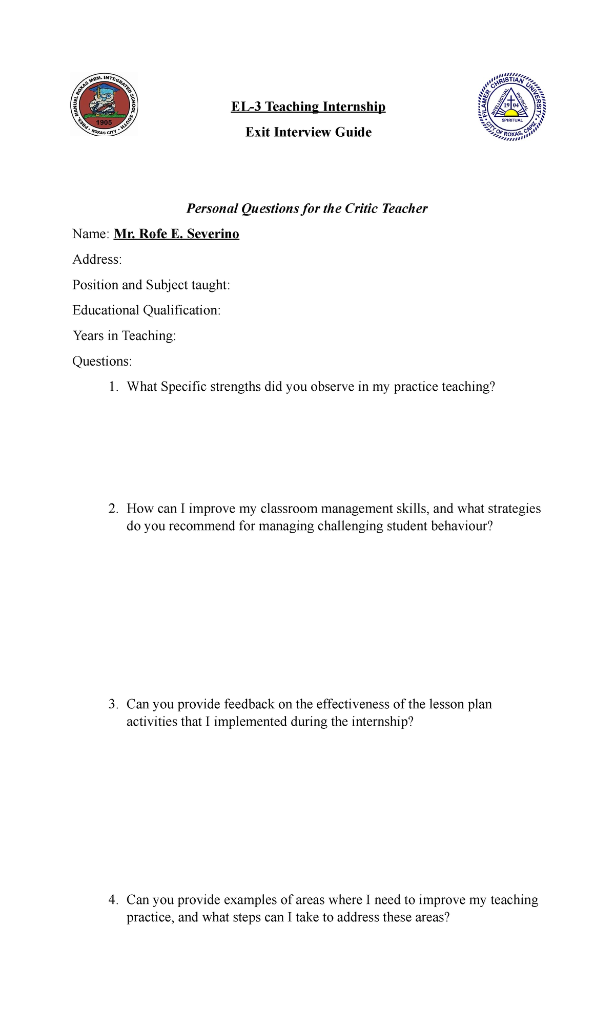 Interview - vsdgsv - EL-3 Teaching Internship Exit Interview Guide ...