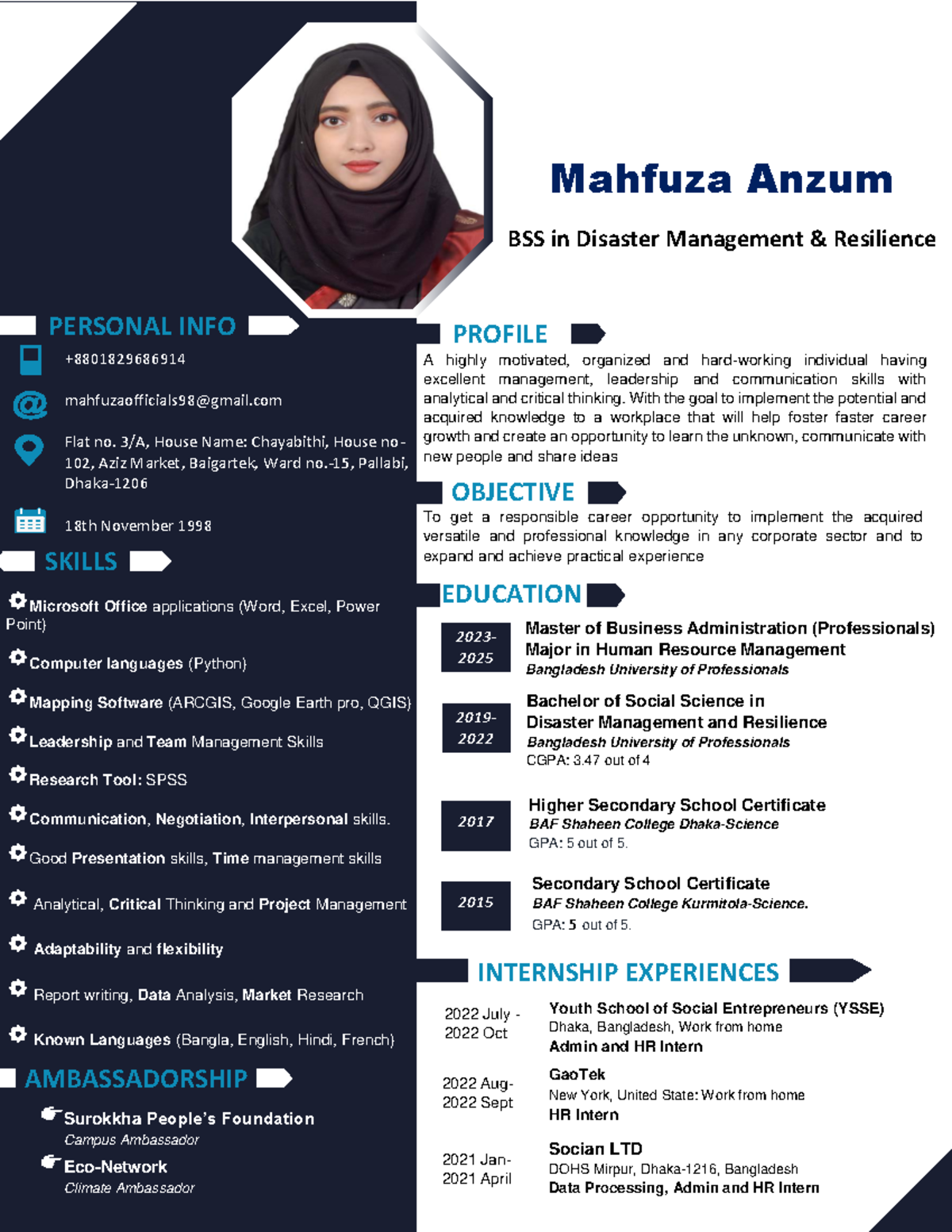 CV OF Mahfuza Anzum - fesefwegrr - + mahfuzaofficials98@gmail Flat no ...