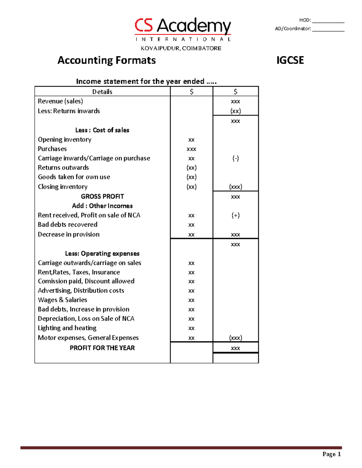 Formats igcse - KOVAIPUDUR, COIMBATORE Accounting Formats IGCSE Income ...