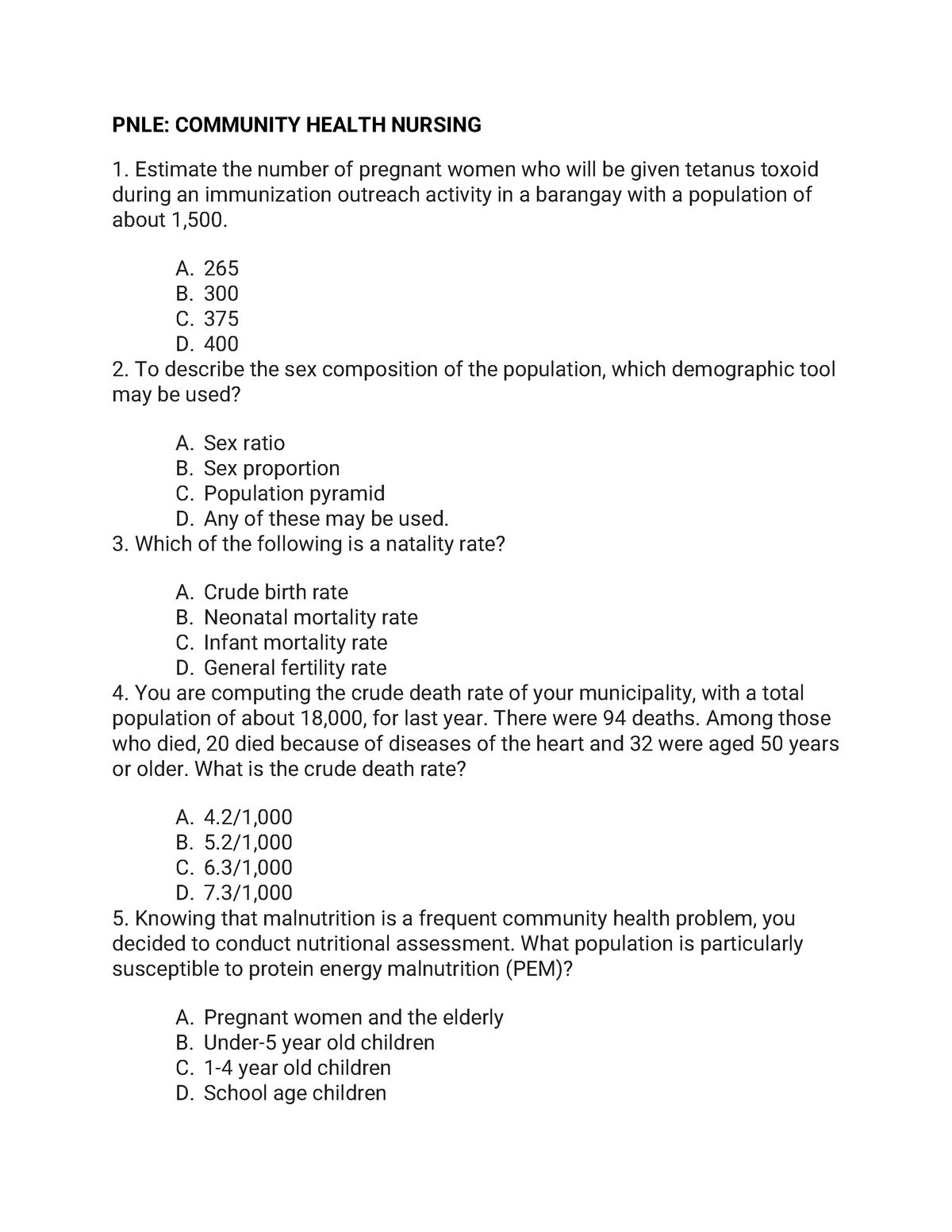 CHN 3 Practice EXAM - PNLE: COMMUNITY HEALTH NURSING Estimate The ...