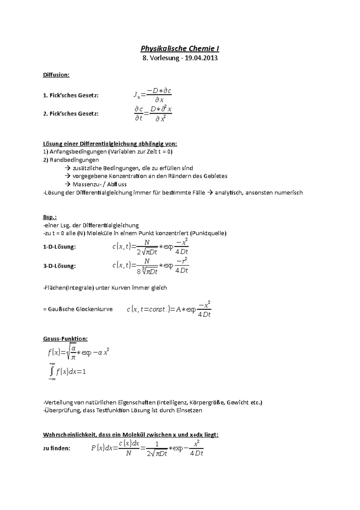 8. Vorlesung - Physikalische Chemie I Vorlesung - 19. Diffusion: Fick ...