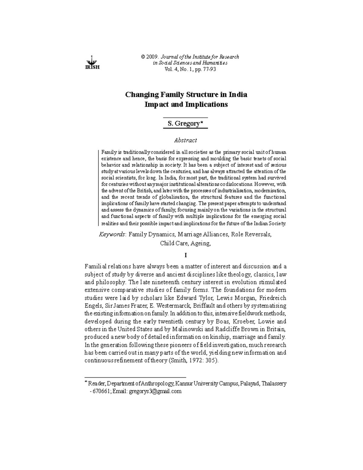 Changing Family Structure in India Impac - IRISH © 2009. Journal of the ...