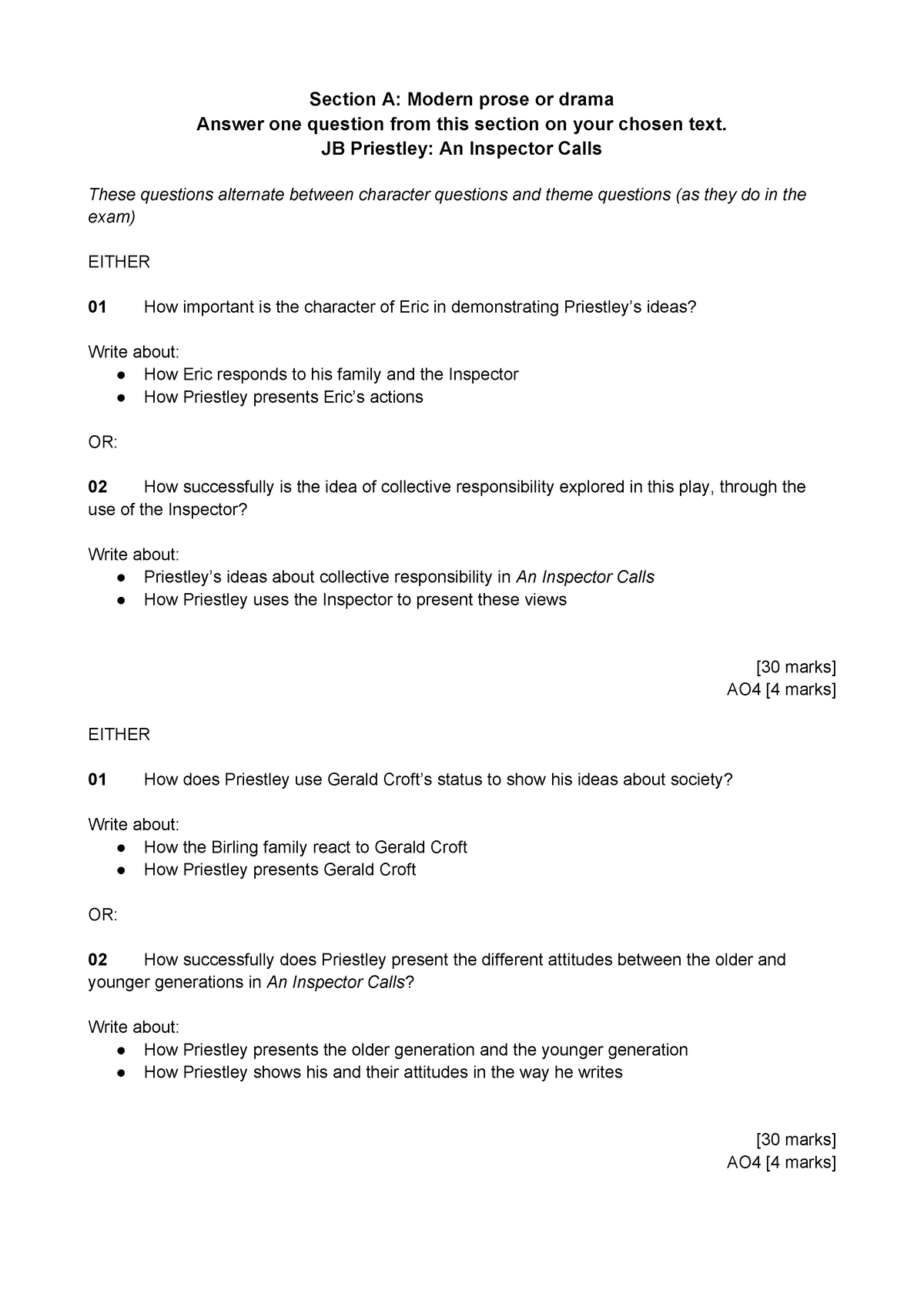 AIC-Exam-Questions - questions - Section A: Modern prose or drama ...